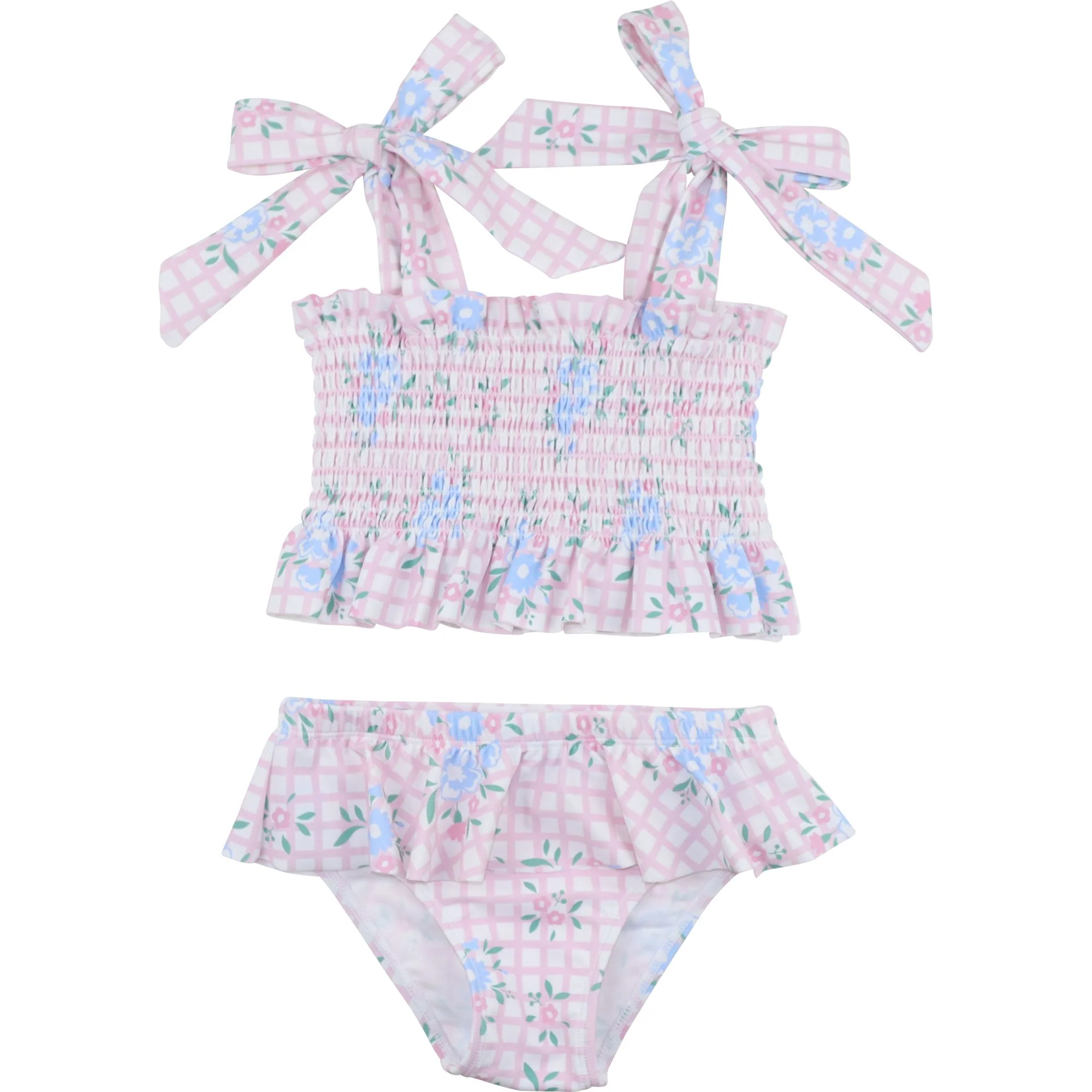 Floral Windowpane Smocked Lycra Shoulder Tie Bikini
