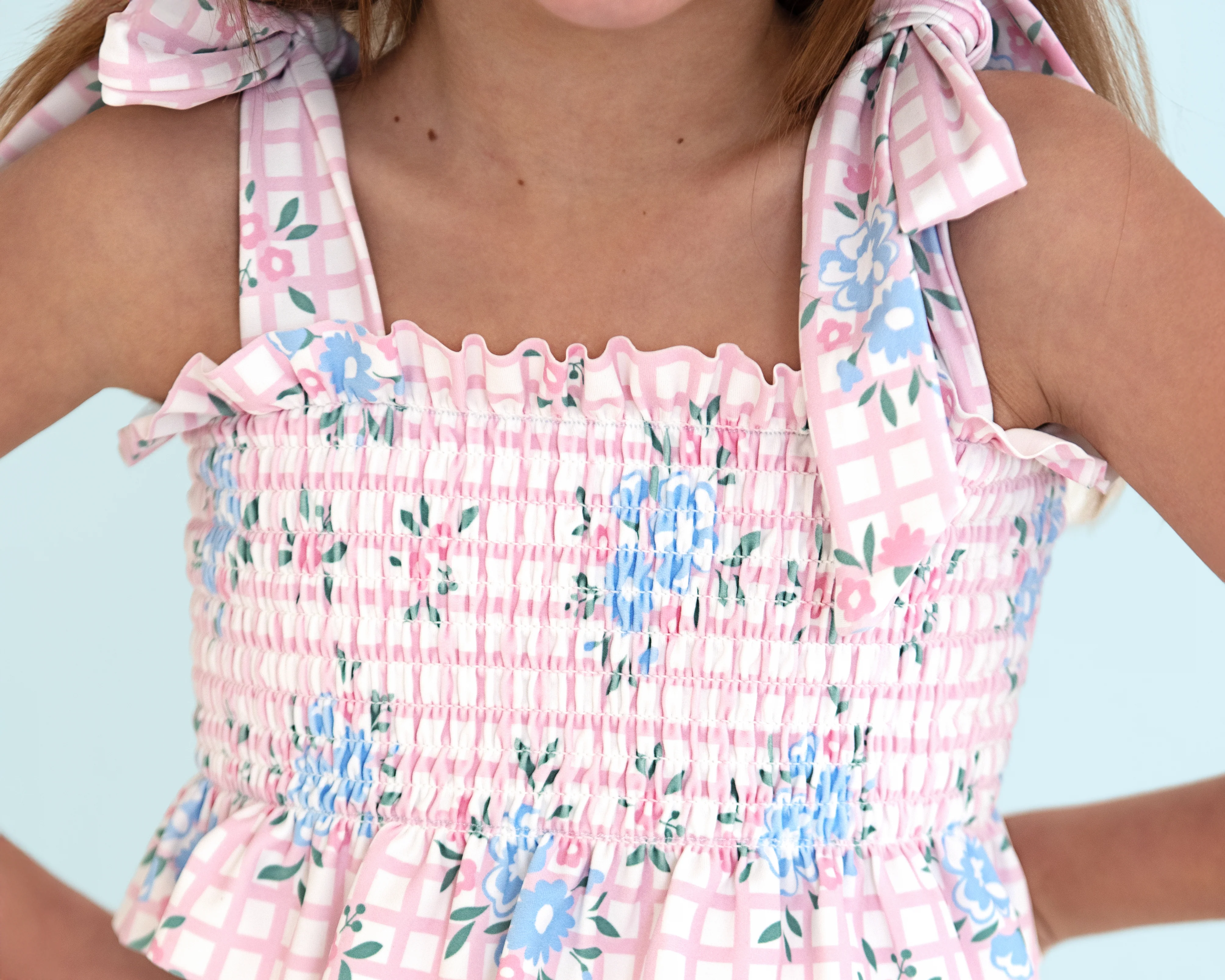 Floral Windowpane Smocked Lycra Shoulder Tie Bikini - Image 2