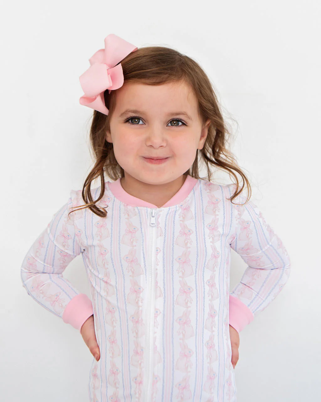 Pink Bunny And Bow Knit Zipper Pajamas - Image 4