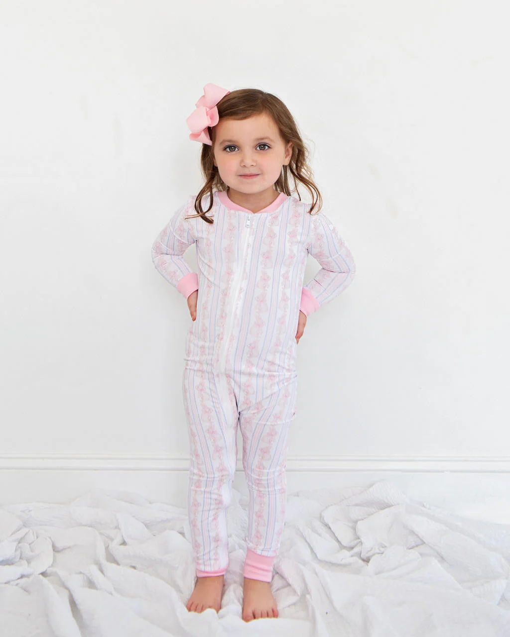 Pink Bunny And Bow Knit Zipper Pajamas - Image 5