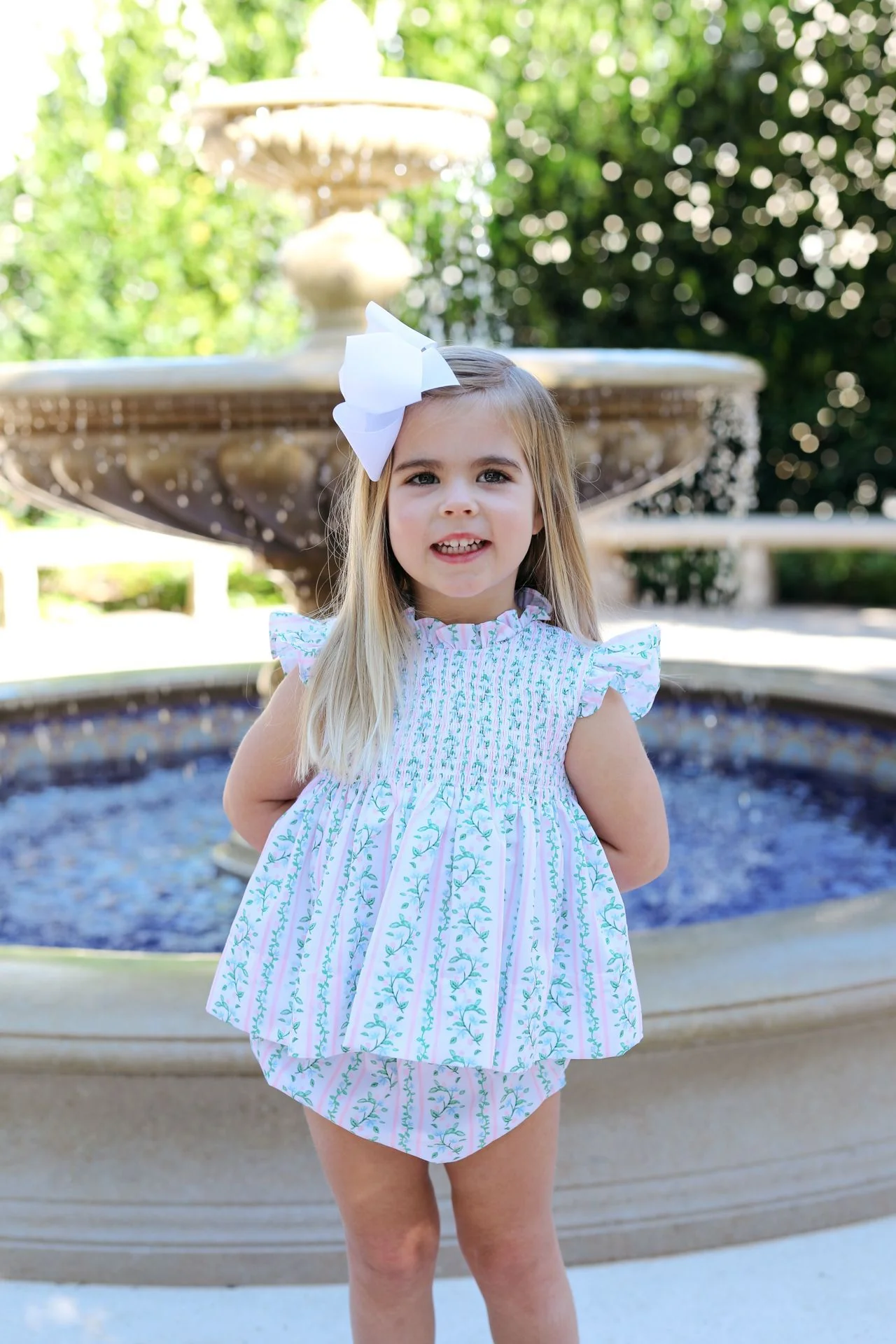 Green And Pink Floral Vines Smocked Diaper Set - Image 2