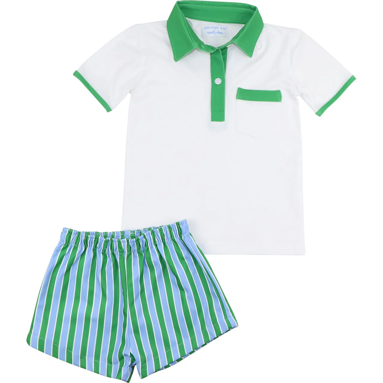 Green And Blue Striped Polo Short Set