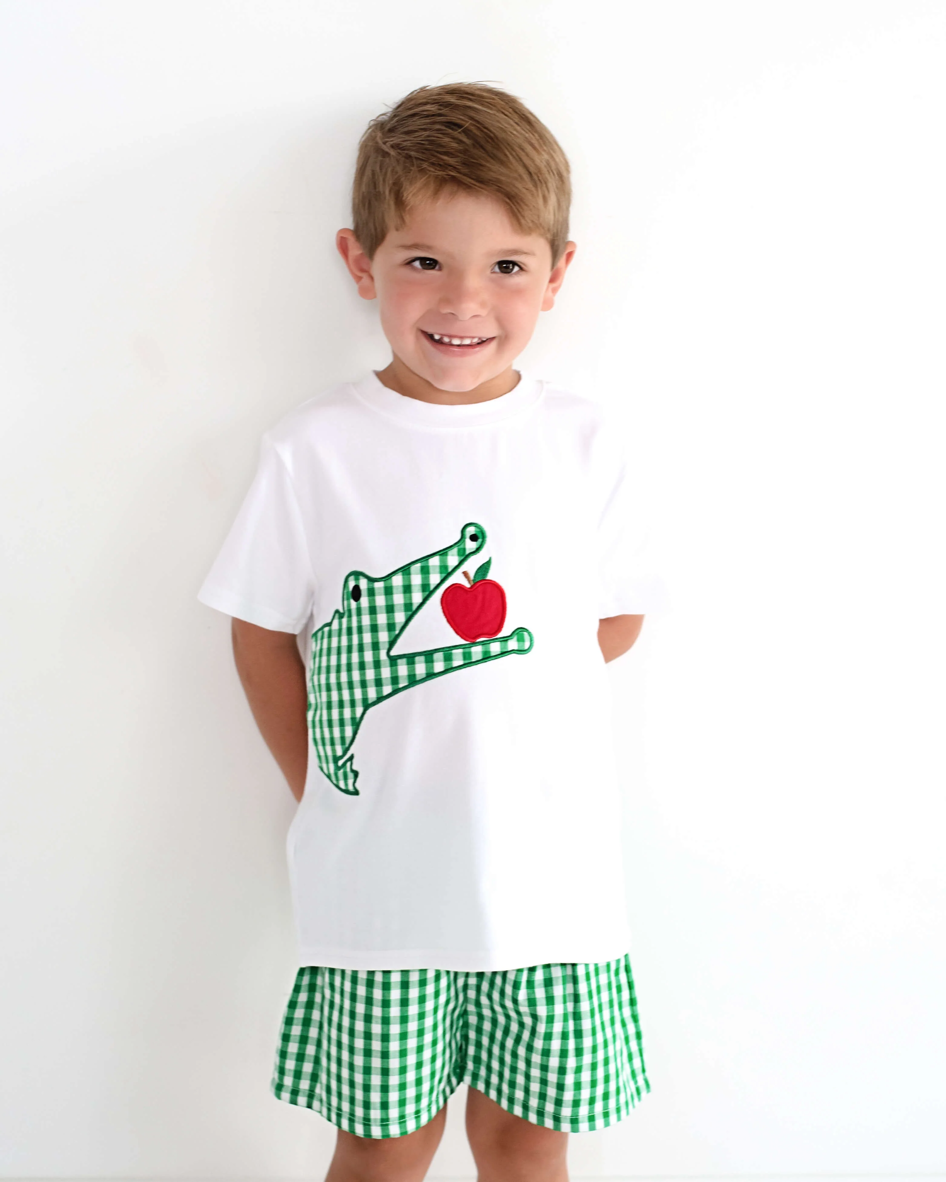 Green Check Applique Alligator And Apple Short Set - Image 2