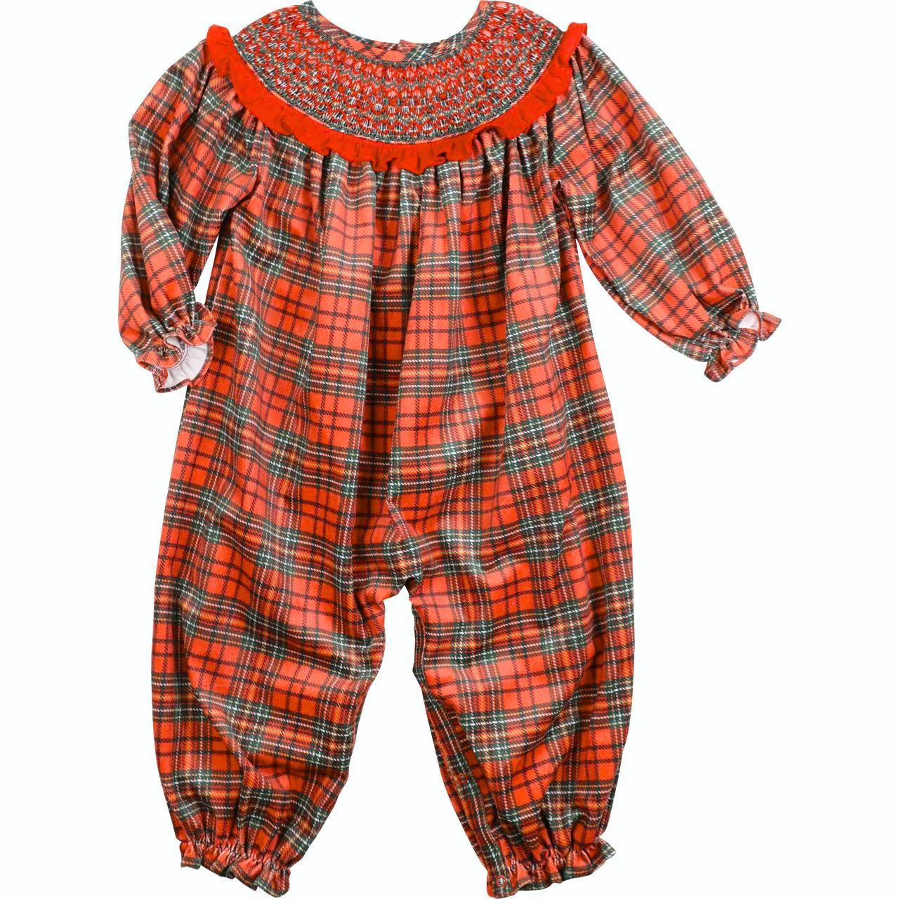 Holiday Plaid Corduroy Smocked Long Bubble