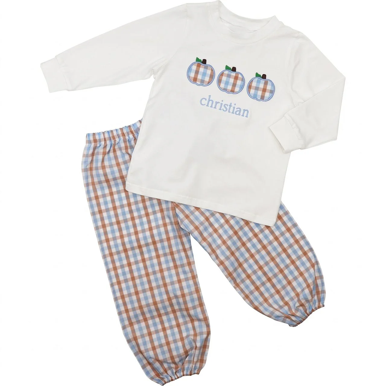 Khaki And Blue Check Applique Pumpkins Ankle Pant Set