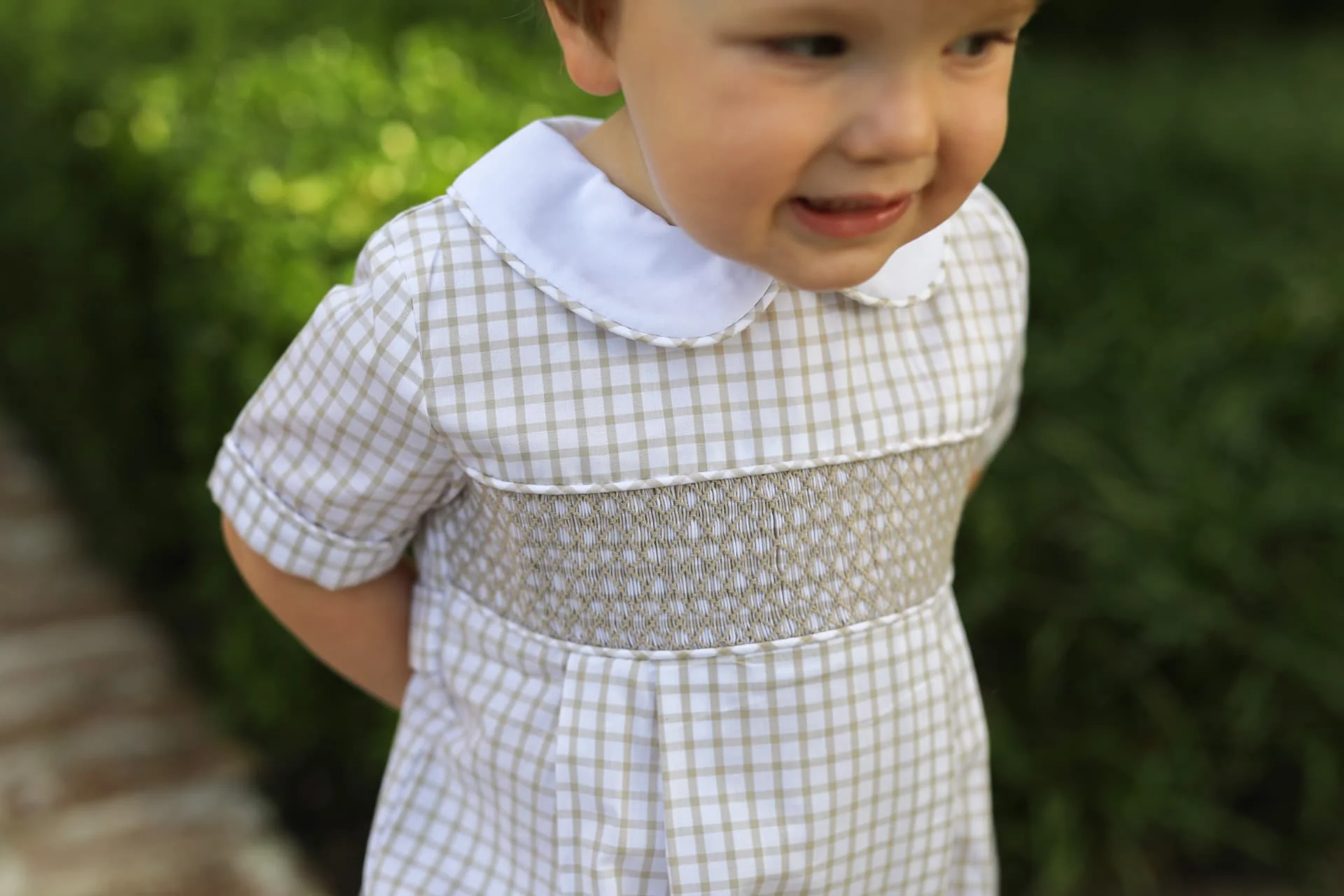 Khaki Windowpane Smocked Bubble - Image 3
