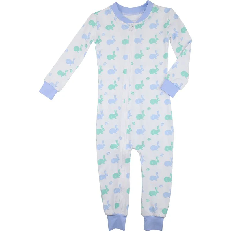 Mint And Blue Bunny Print Knit Zipper Pajamas - Image 2