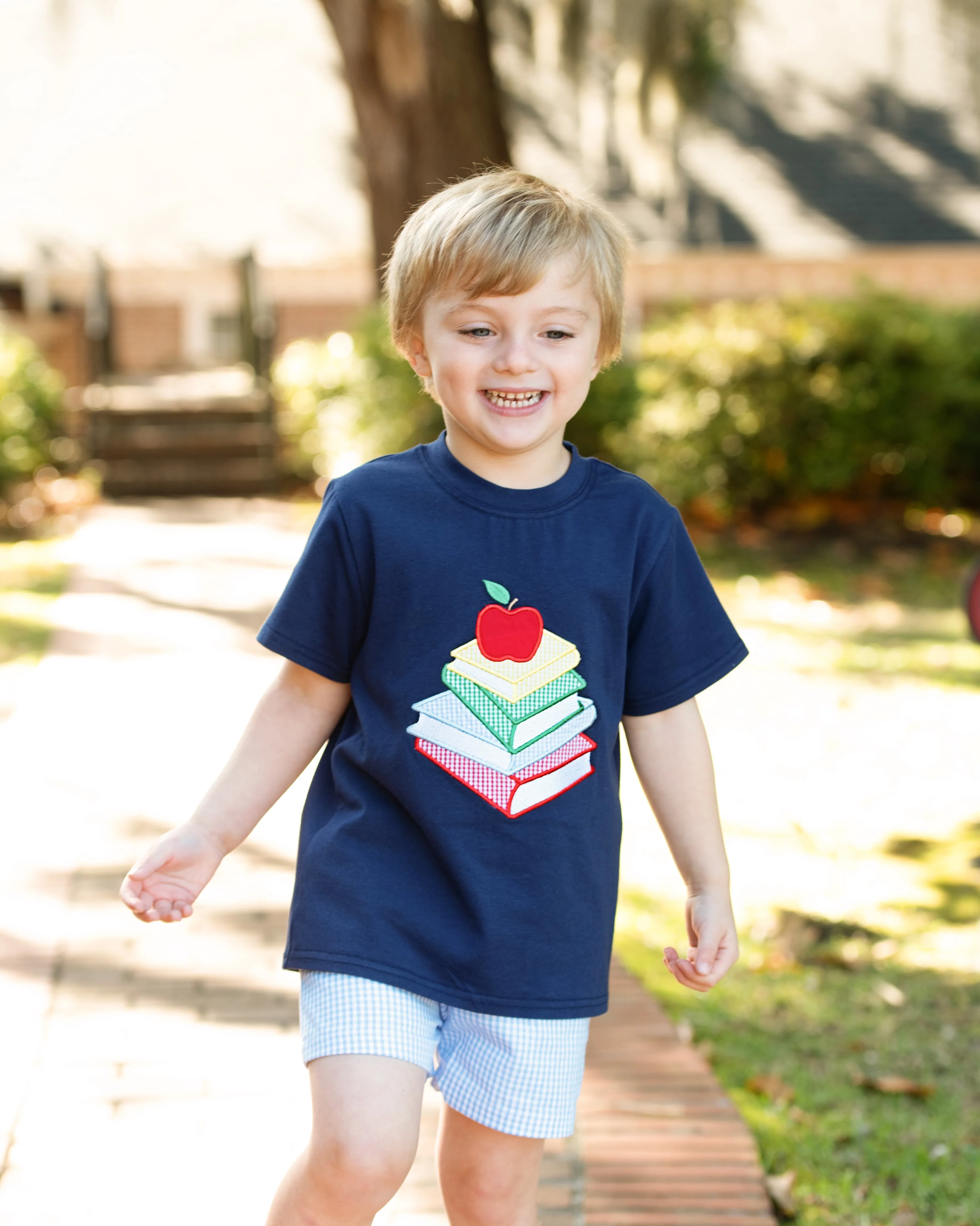 Navy And Blue Gingham Applique Books And Apple Short Set - Image 2