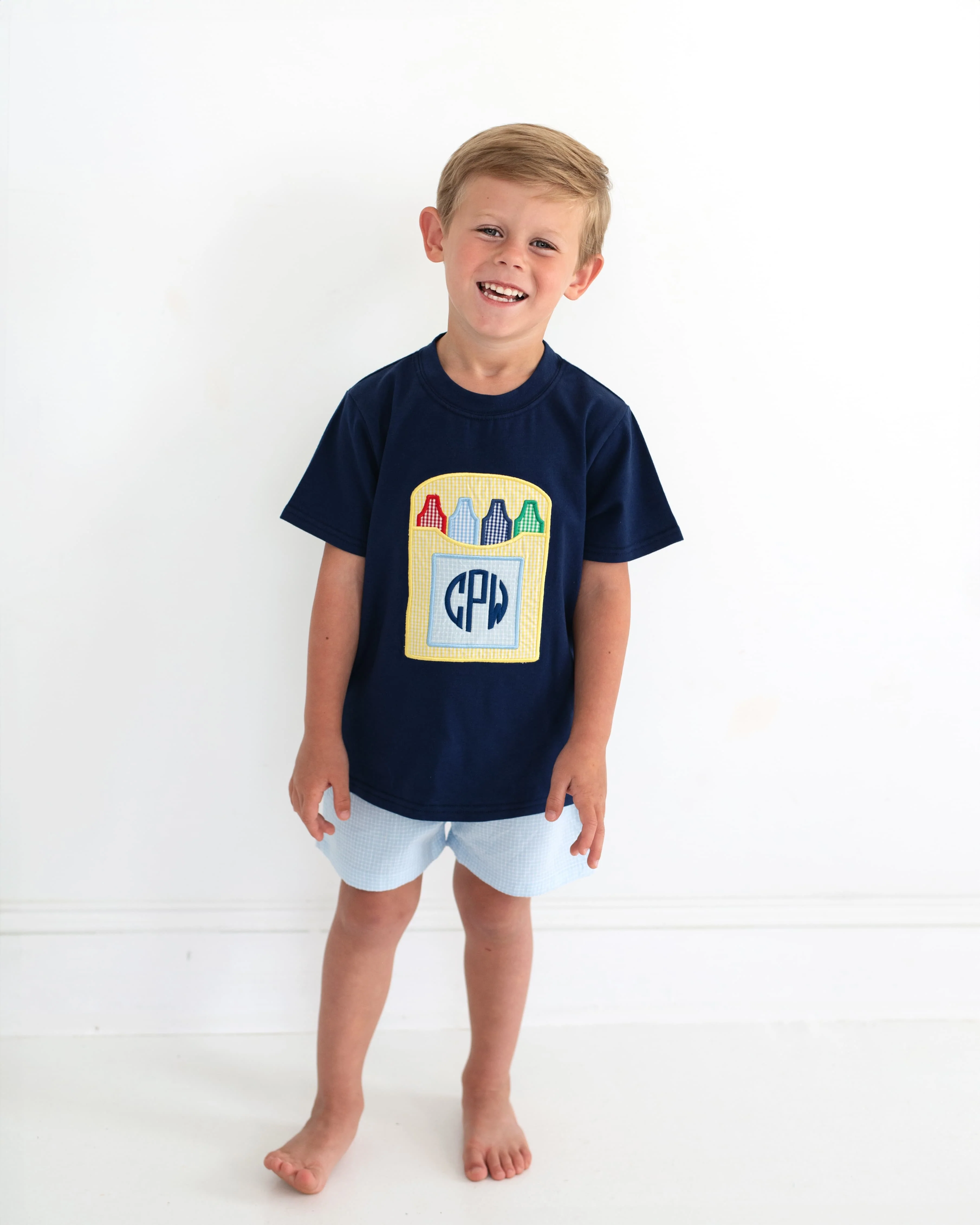 Navy And Blue Gingham Applique Crayons Short Set - Image 2
