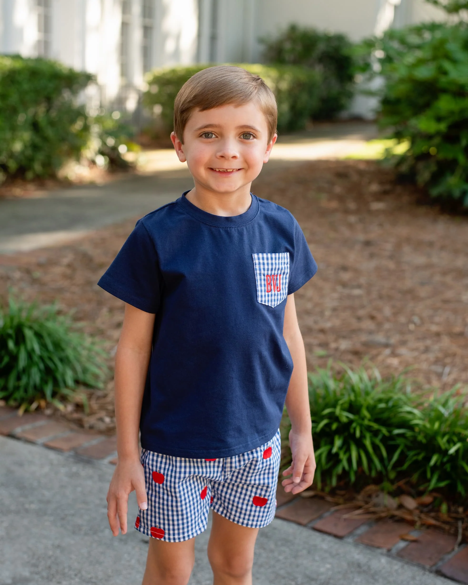 Navy And Red Embroidered Apple Short Set - Image 2