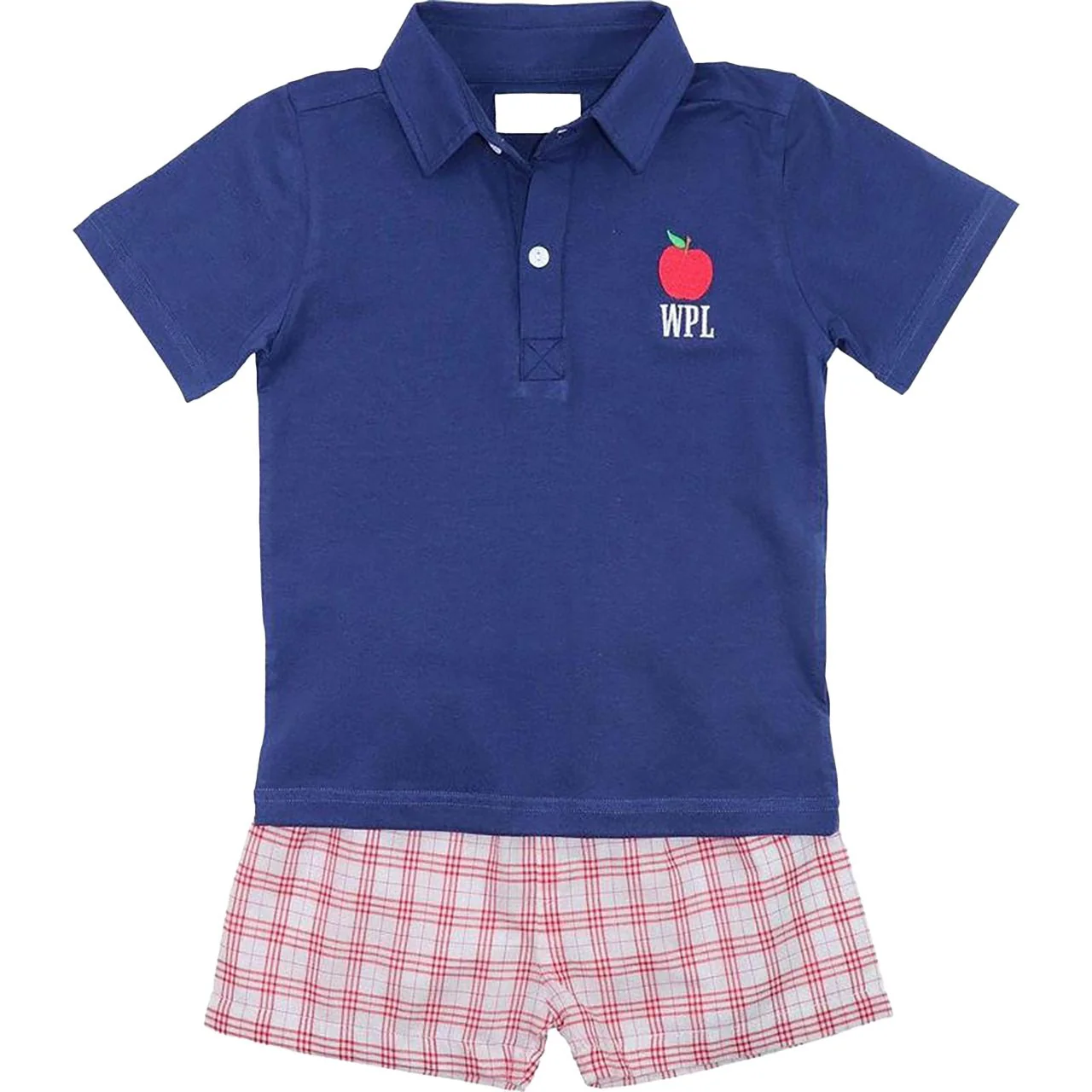 Navy And Red Plaid Apple Polo Short Set