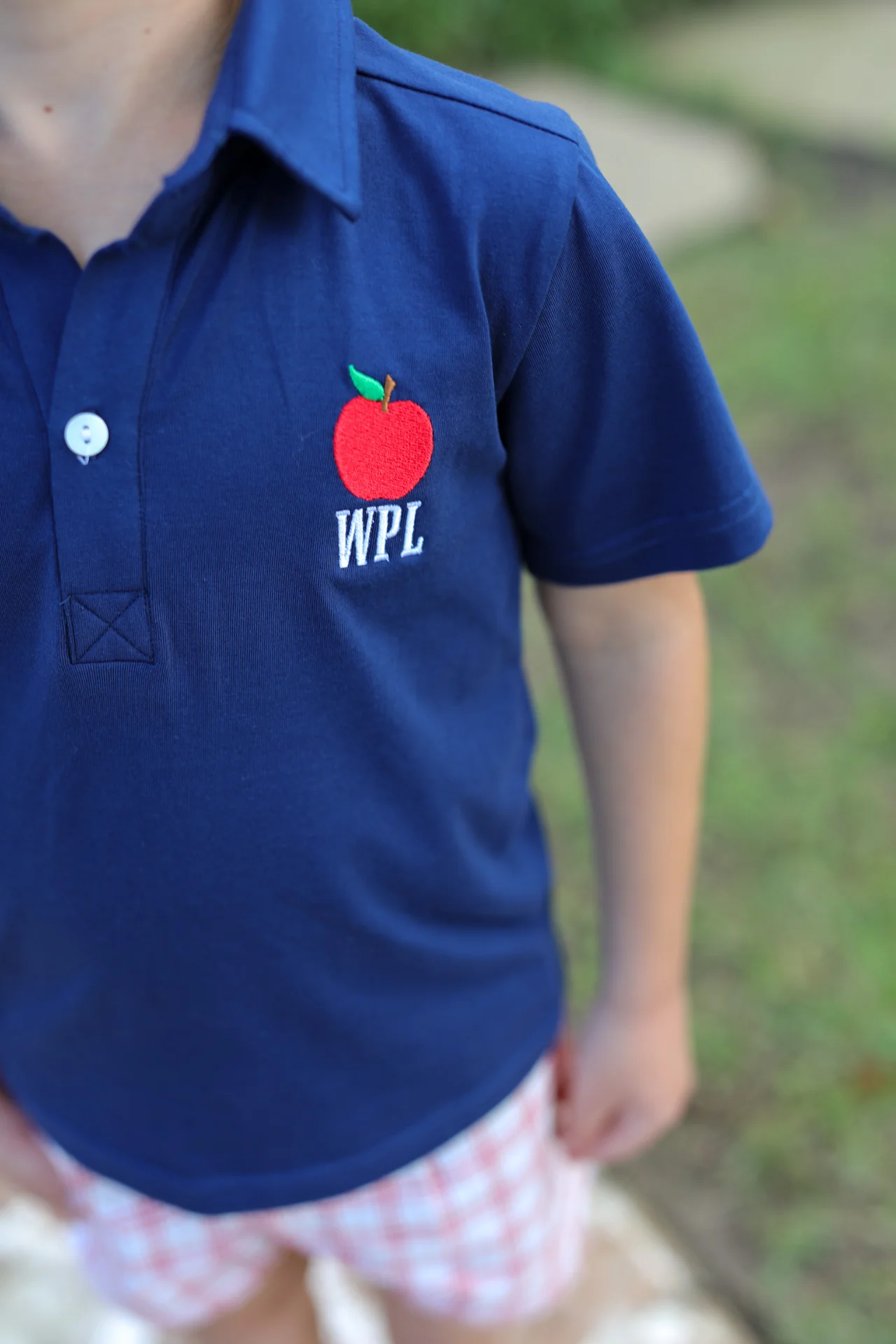 Navy And Red Plaid Apple Polo Short Set - Image 2