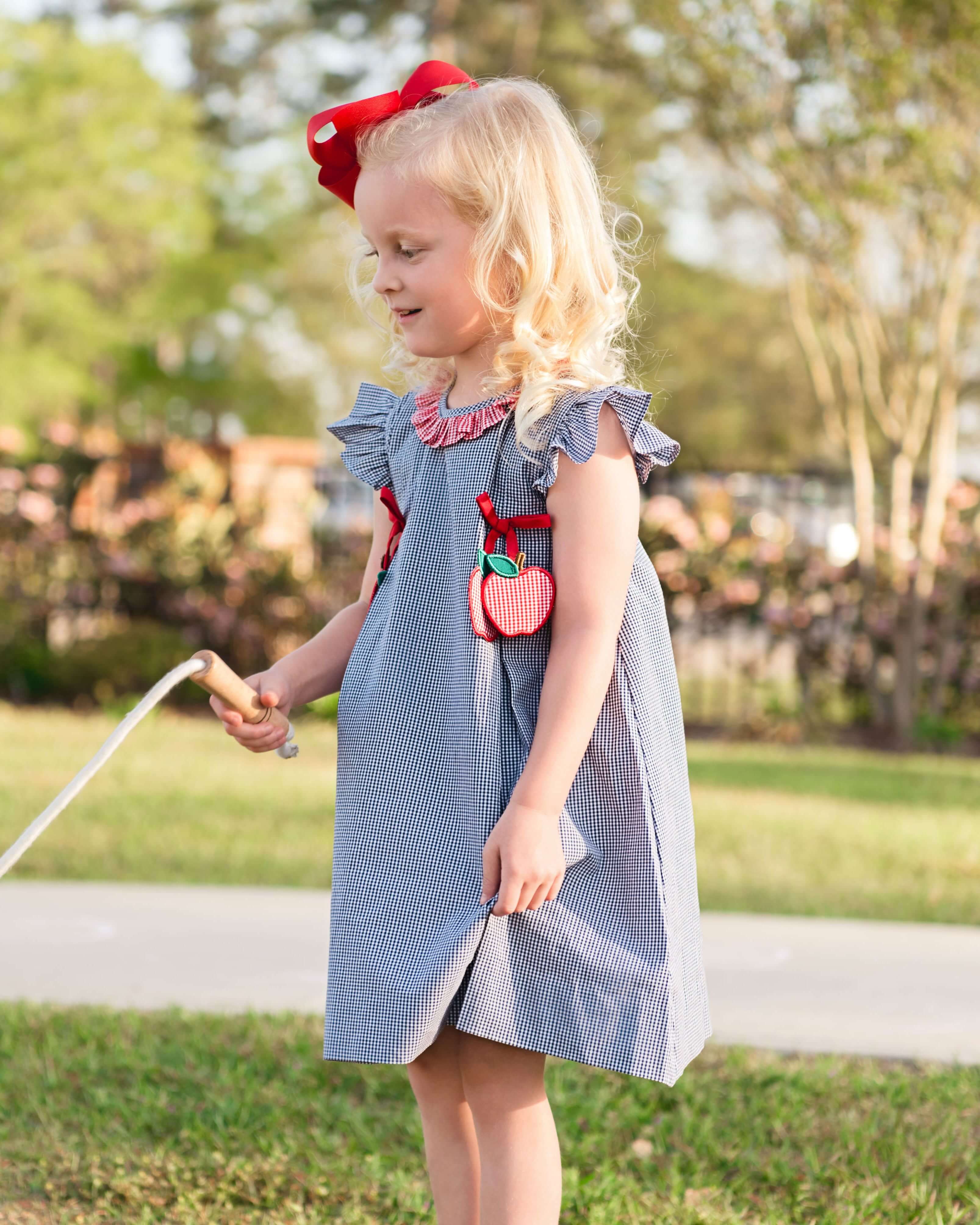 Navy Gingham Applique Apples Dress - Image 2