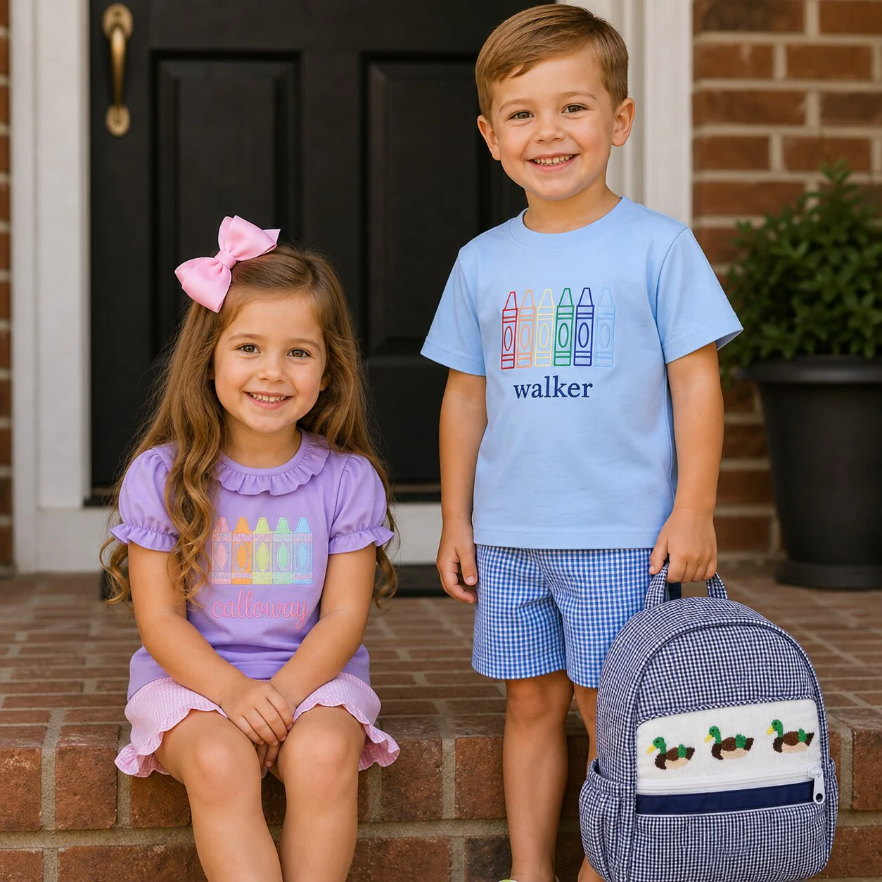 Navy Gingham Applique Crayons Short Set - Image 2