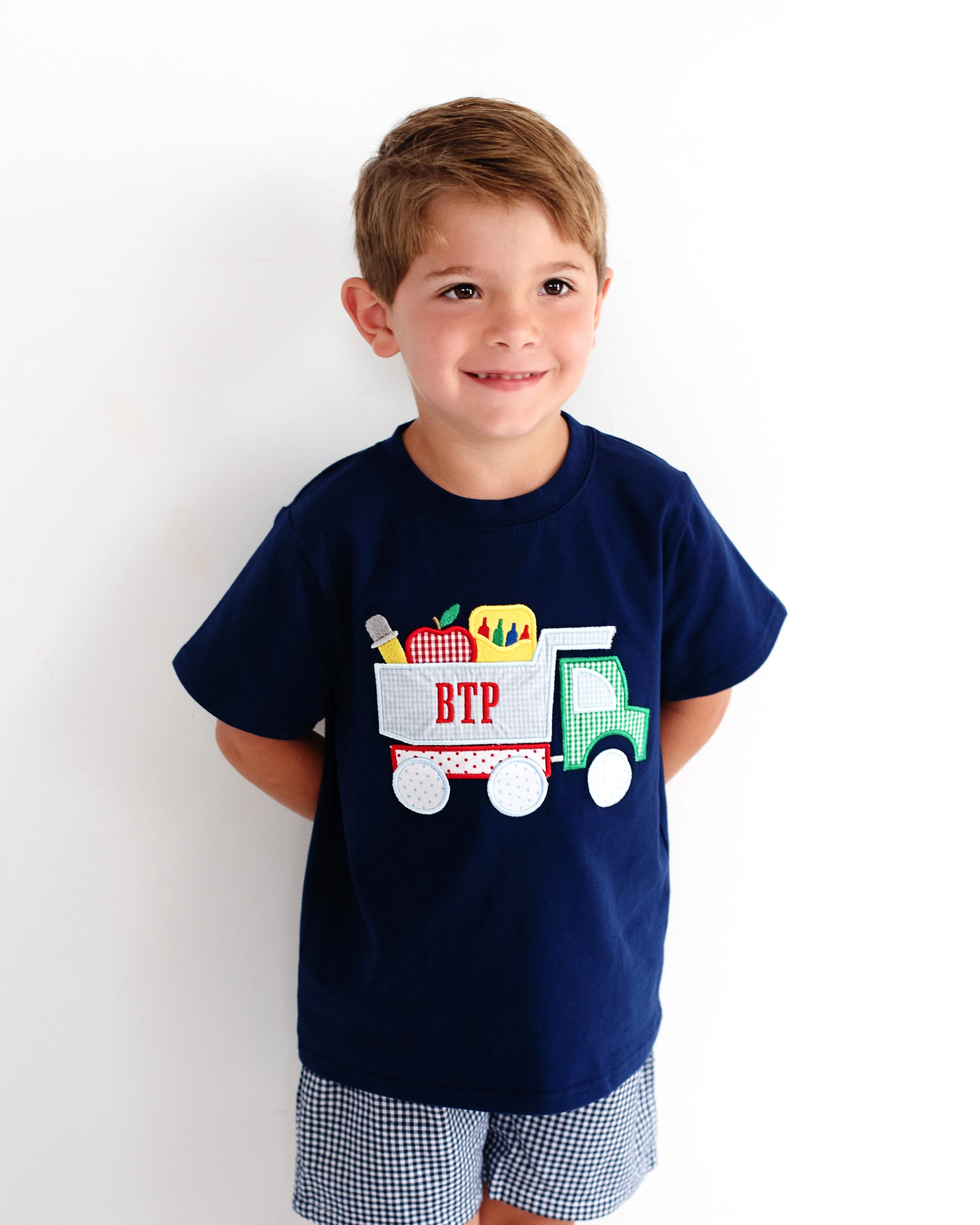 Navy Gingham Back To School Dump Truck Short Set - Image 2