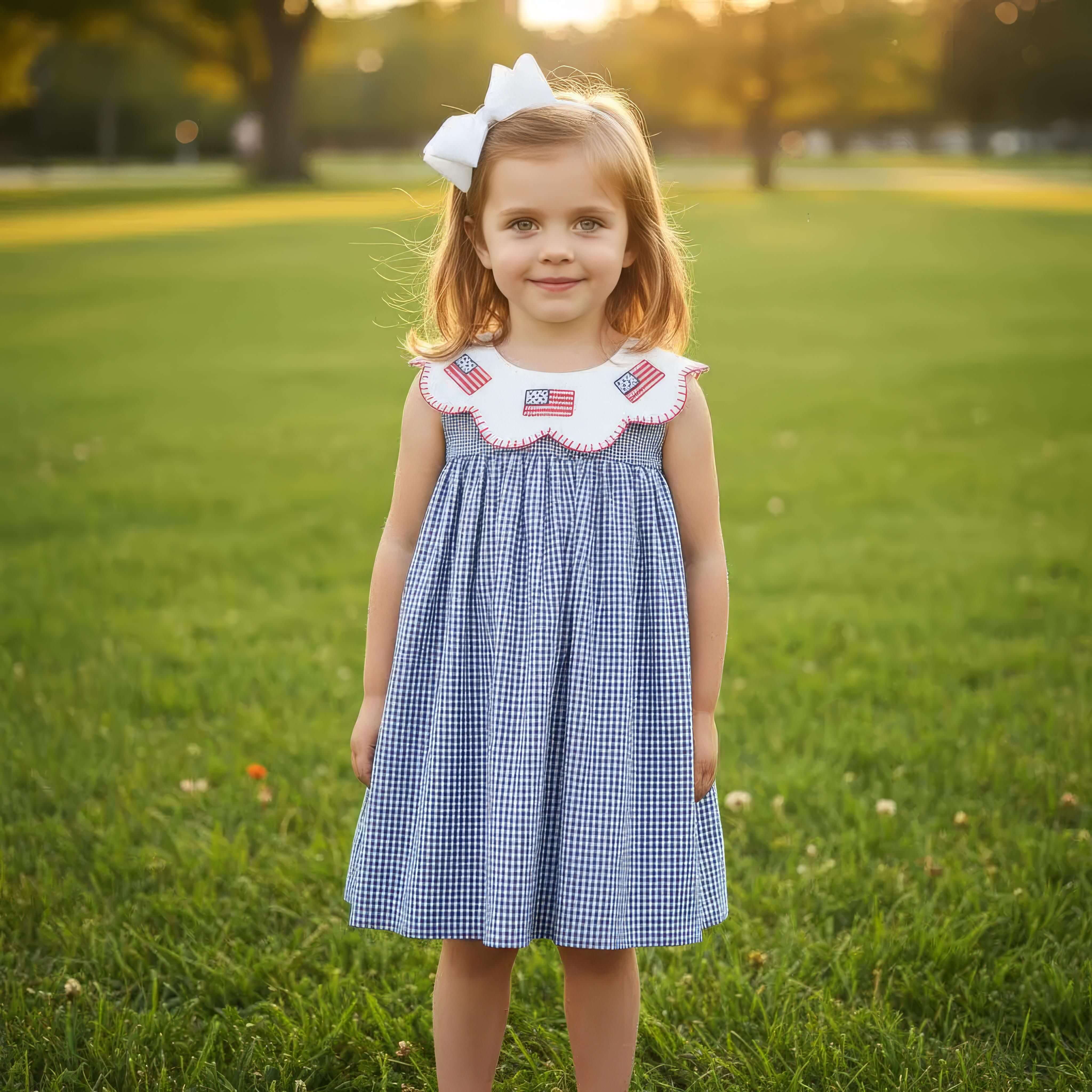 Navy Gingham Embroidered Flag Dress - Image 2