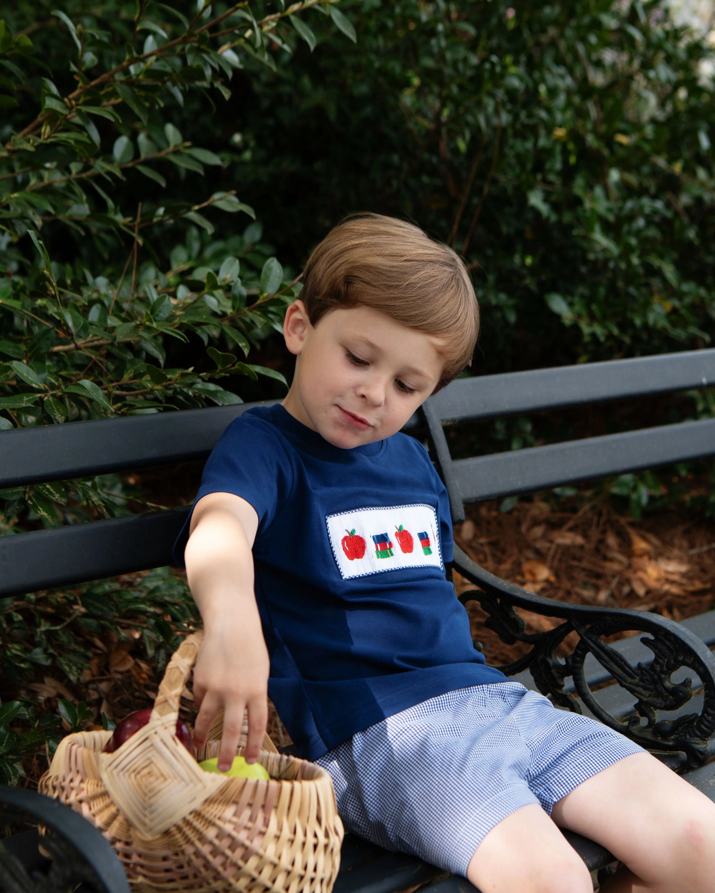 Navy Gingham Smocked Apple And Books Short Set - Image 2