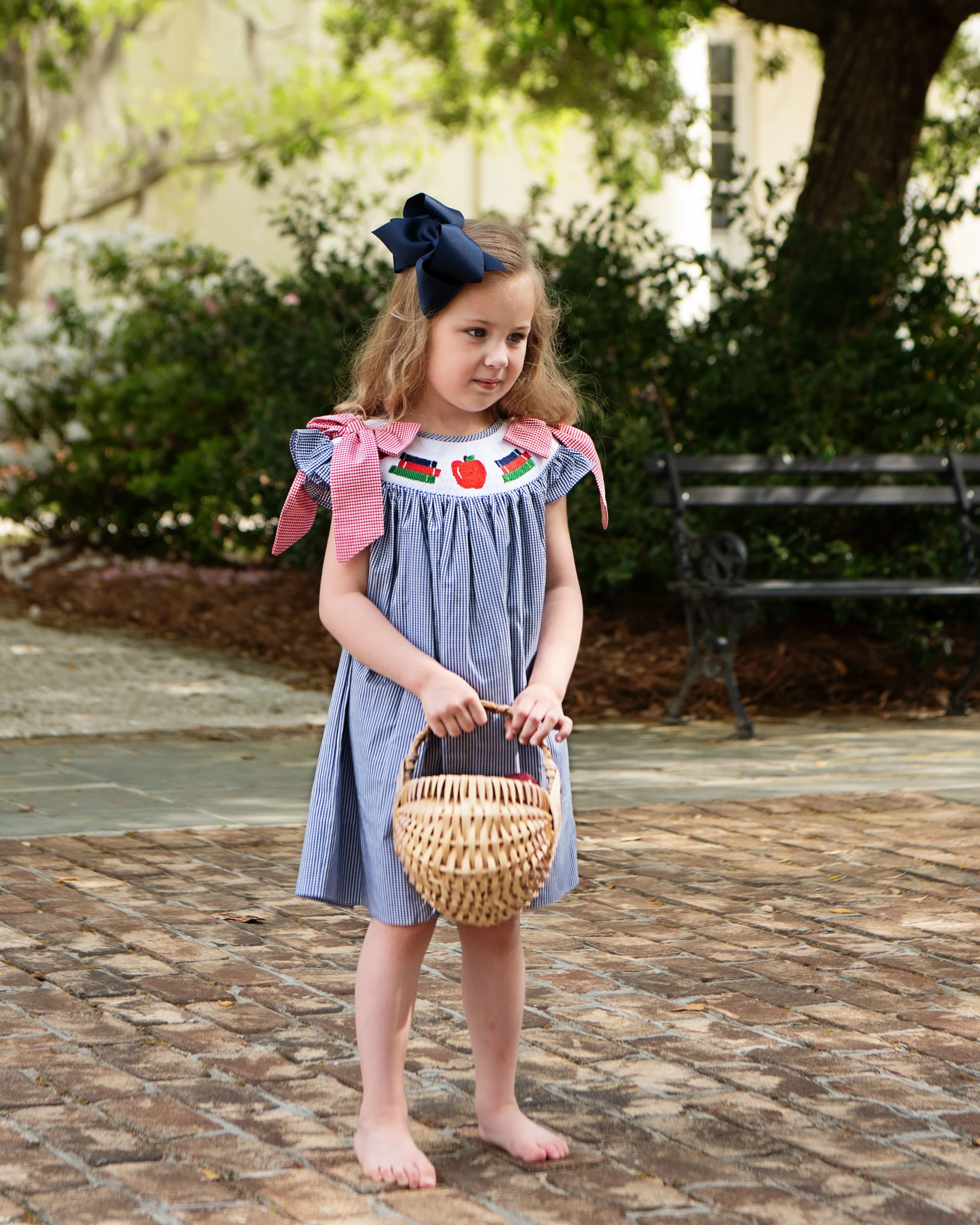Navy Gingham Smocked Books And Apple Dress - Image 2