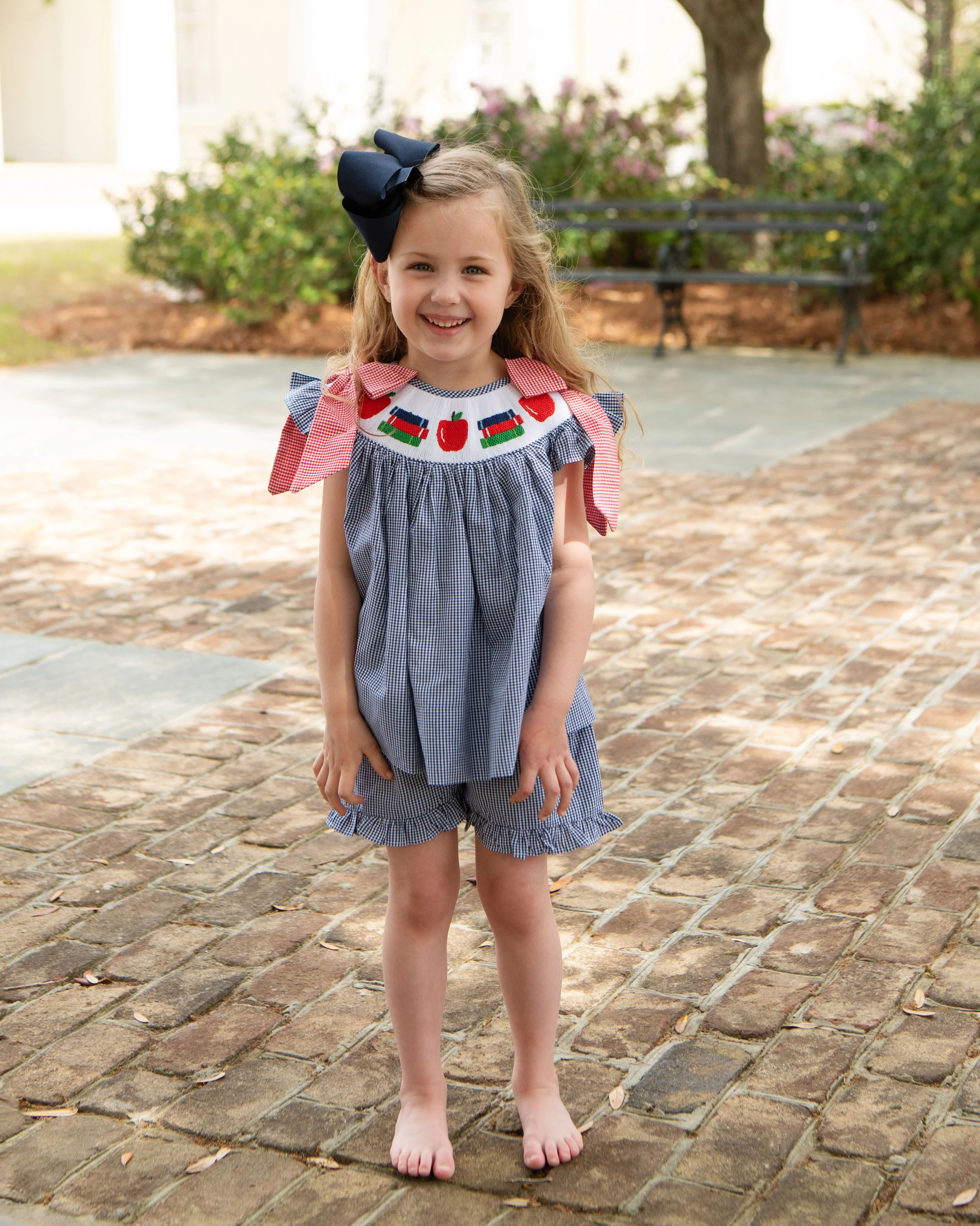 Navy Gingham Smocked Books And Apple Short Set - Image 2
