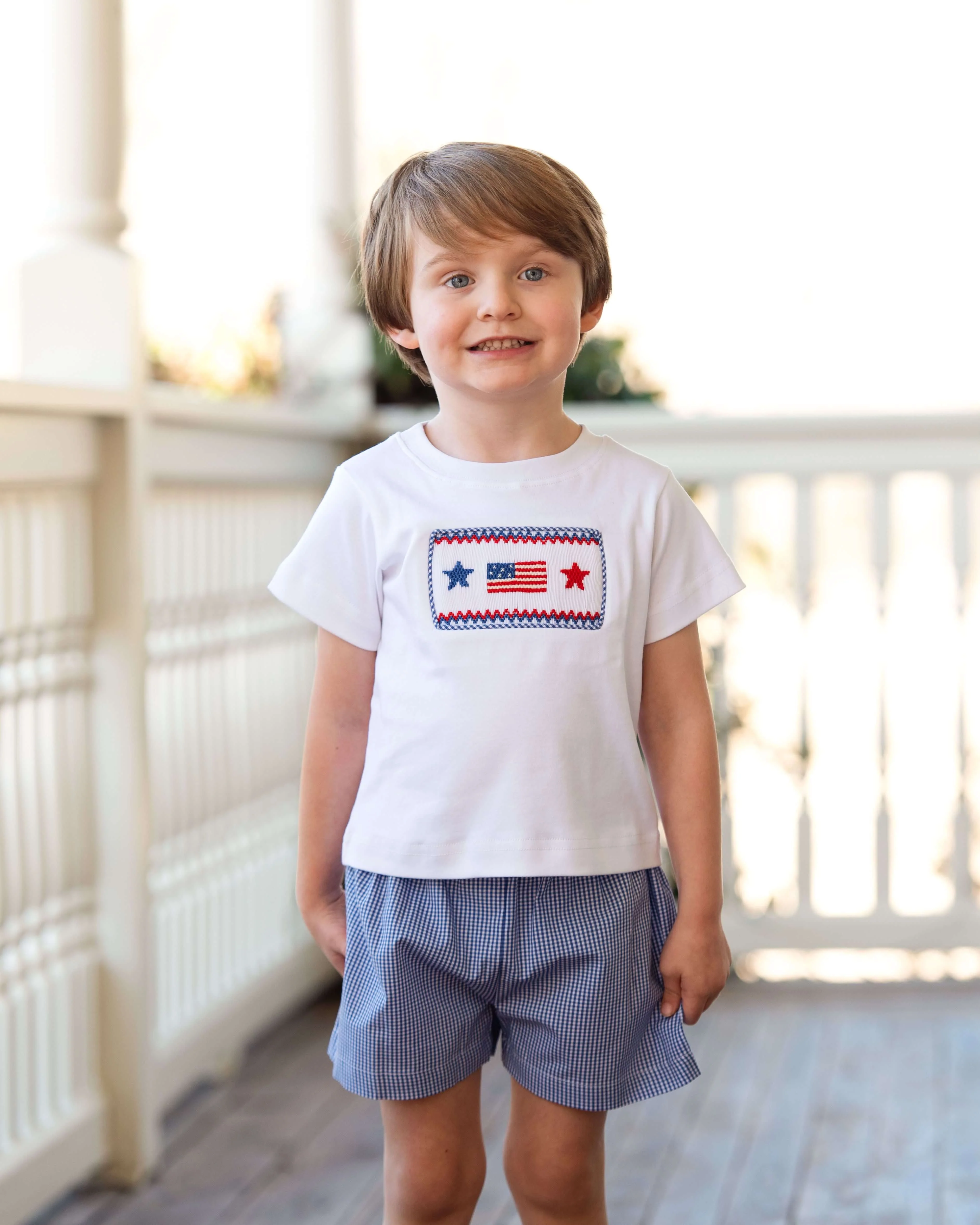 Navy Gingham Smocked Flag And Star Short Set - Image 2