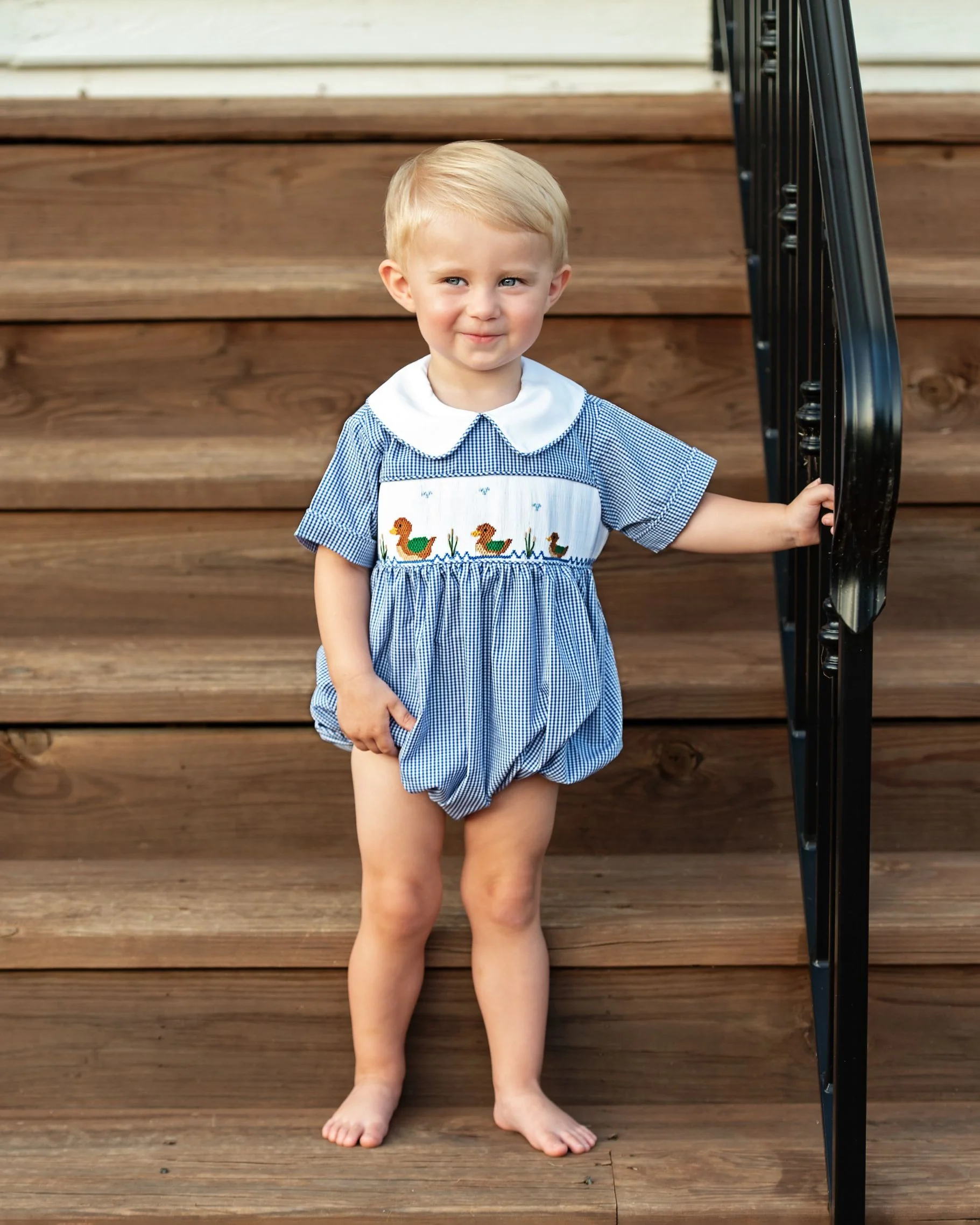 Navy Gingham Smocked Mallards Bubble - Image 2