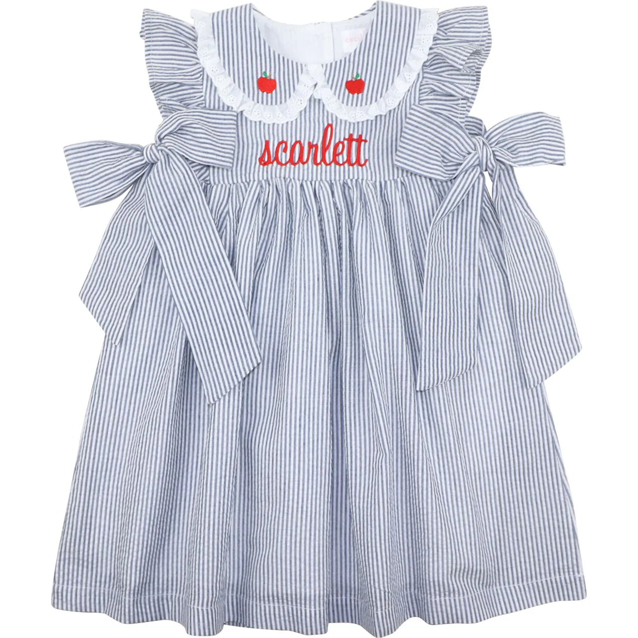 Navy Seersucker Apple Dress