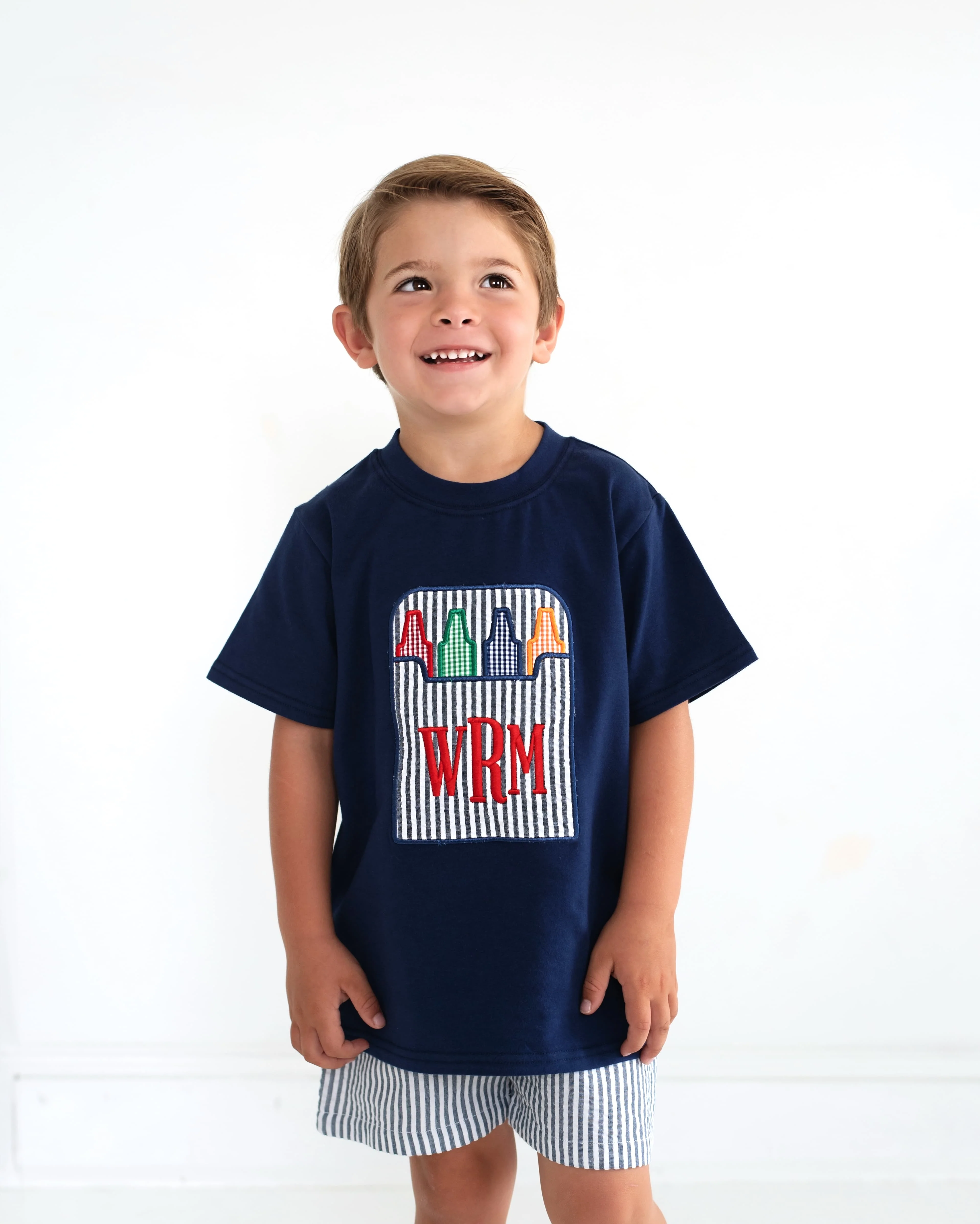 Navy Seersucker Applique Crayons Short Set - Image 2