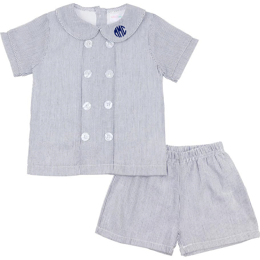 Navy Seersucker Double Breasted Short Set