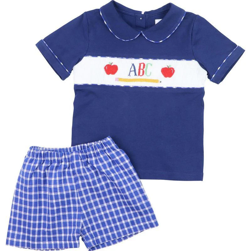 Navy Smocked ABC Apple Short Set