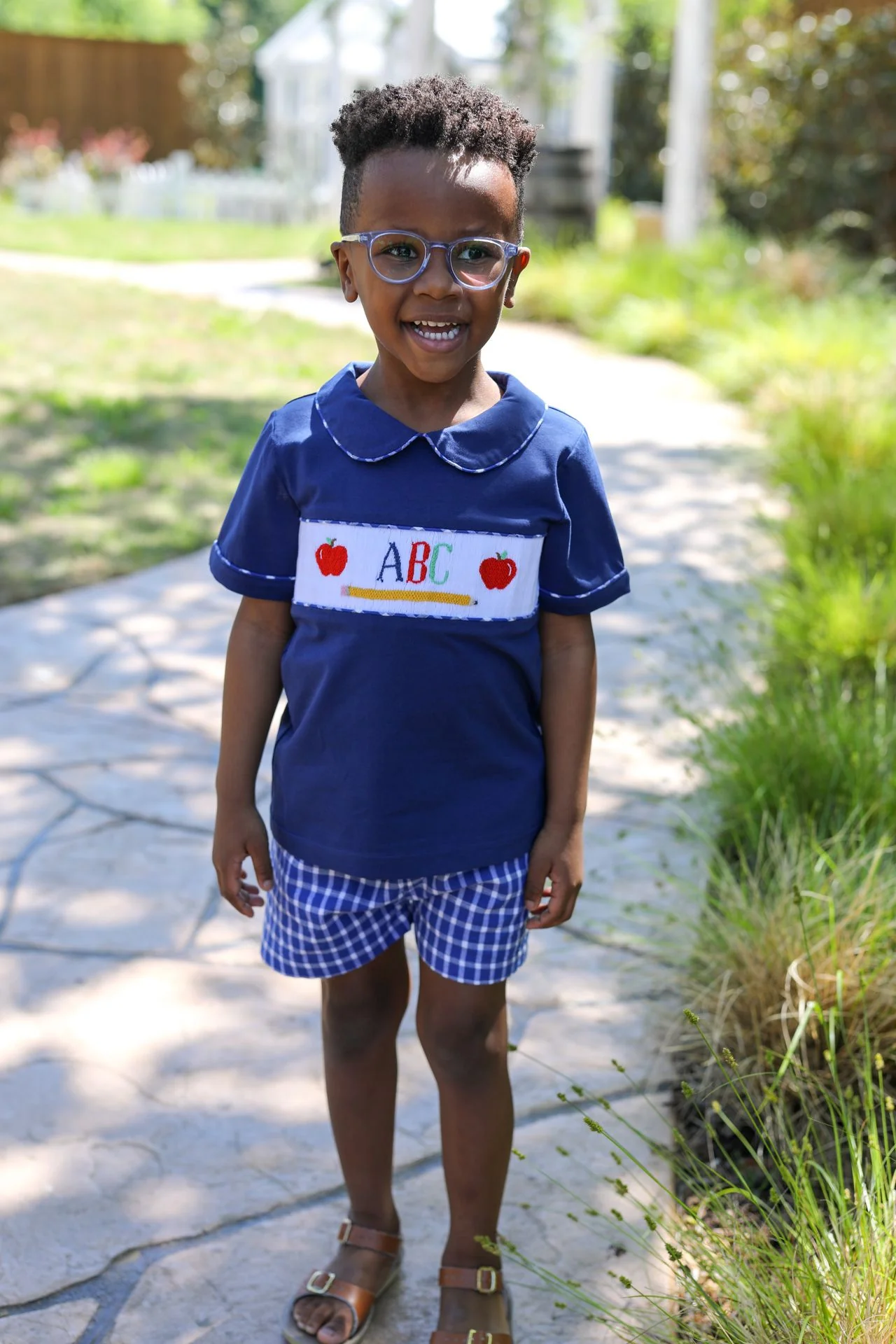 Navy Smocked ABC Apple Short Set - Image 2