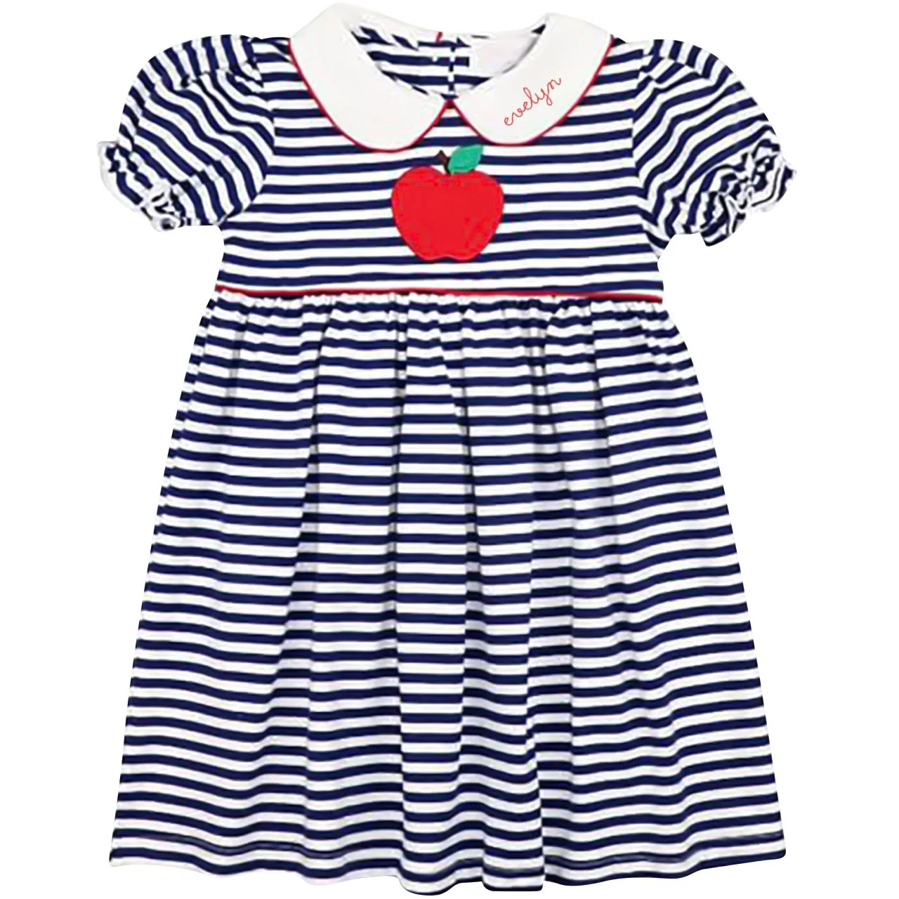 Navy Striped Knit Applique Apple Dress