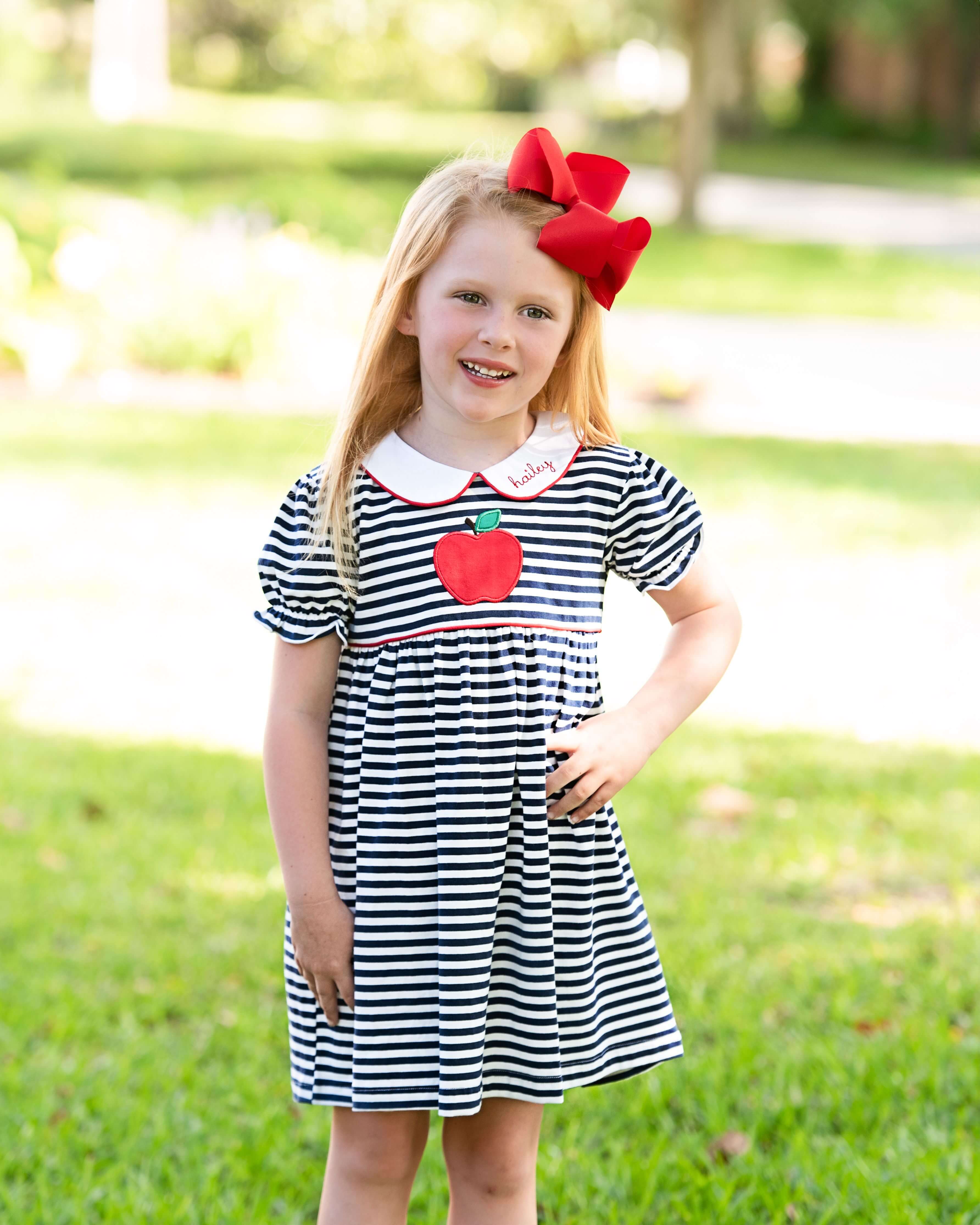 Navy Striped Knit Applique Apple Dress - Image 2