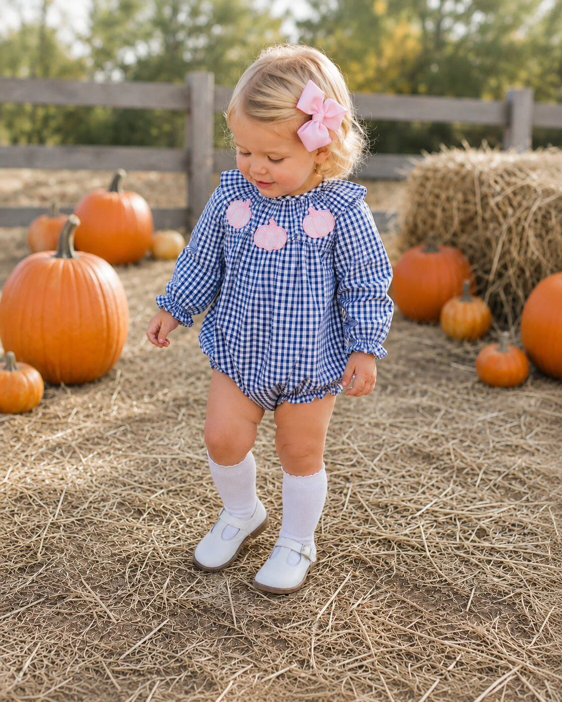 Navy Windowpane Applique Pumpkin Bubble - Image 2