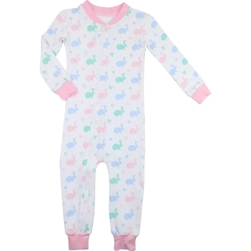 Pastel Bunny Print Knit Zipper Pajamas - Image 2