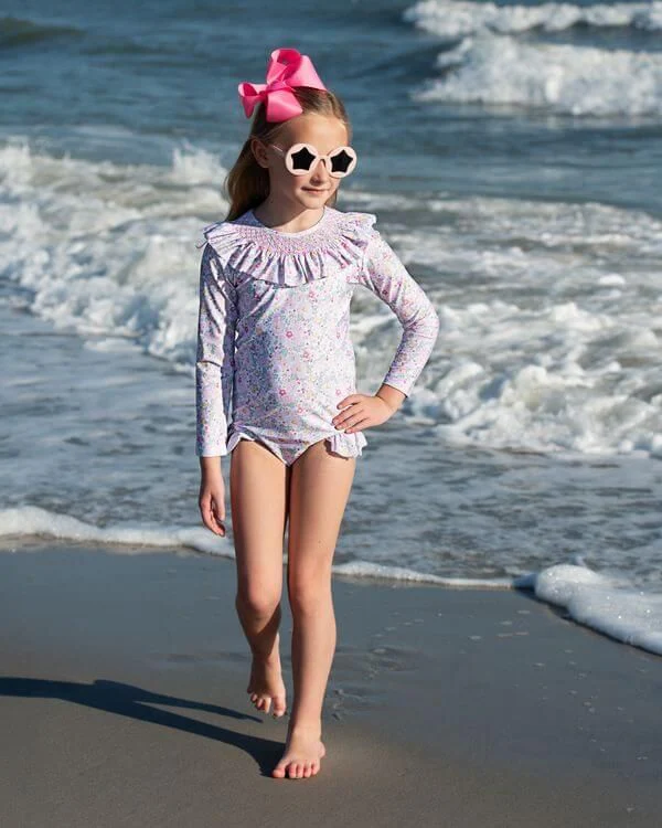 Pastel Floral Smocked Long Sleeve Swimsuit - Image 2