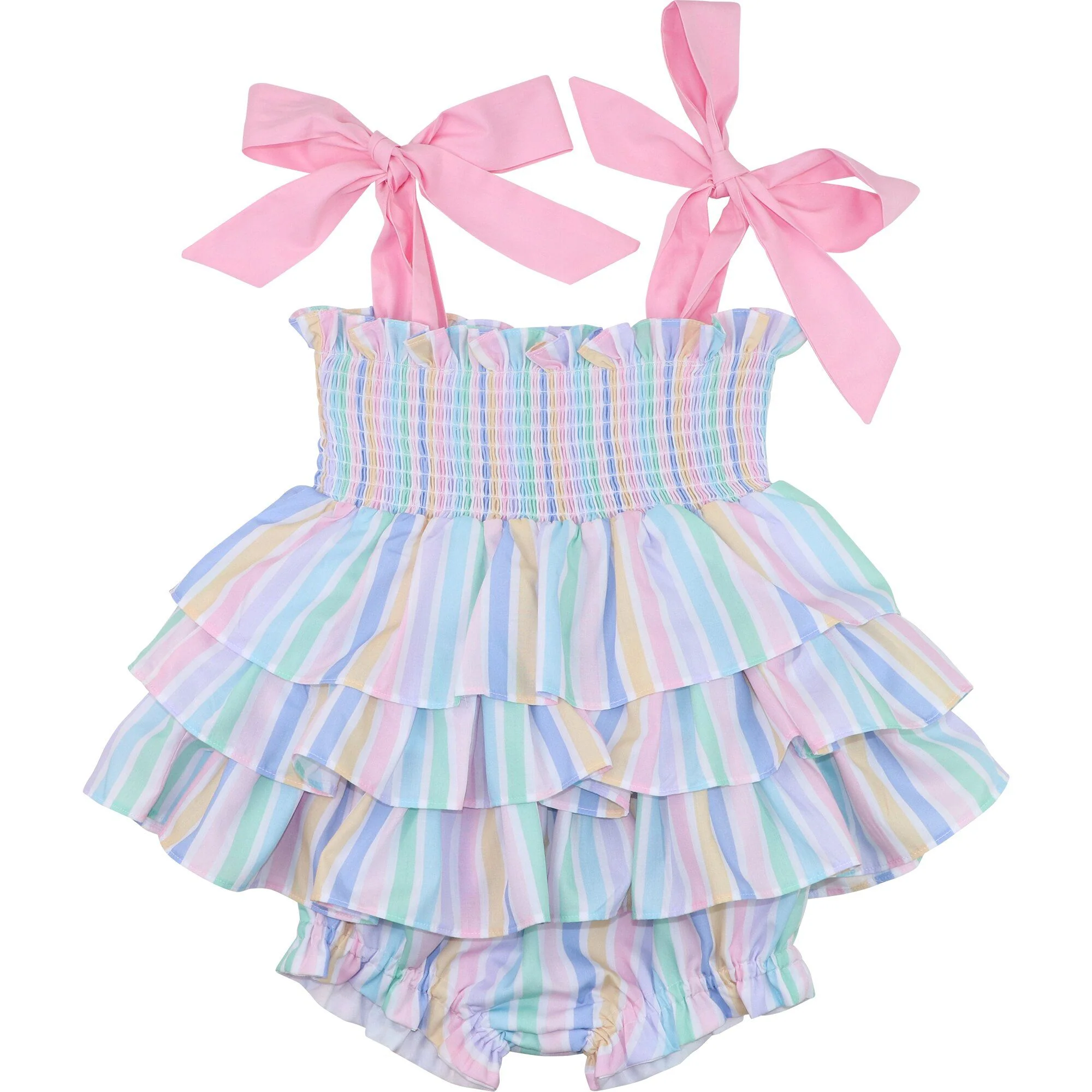 Pastel Striped Ruffle Smocked Diaper Set