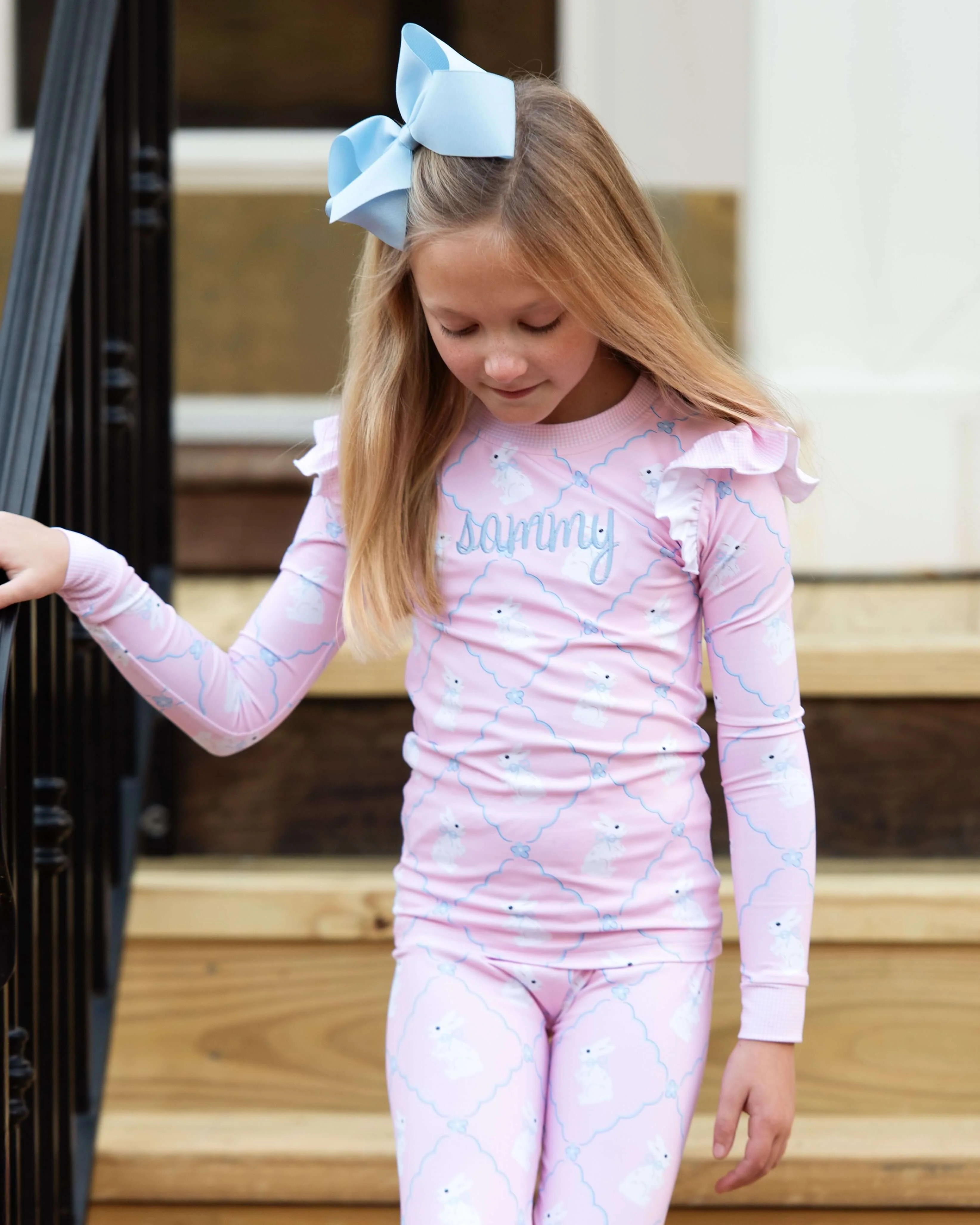 Pink And Blue Bunny Knit Pajamas - Image 2