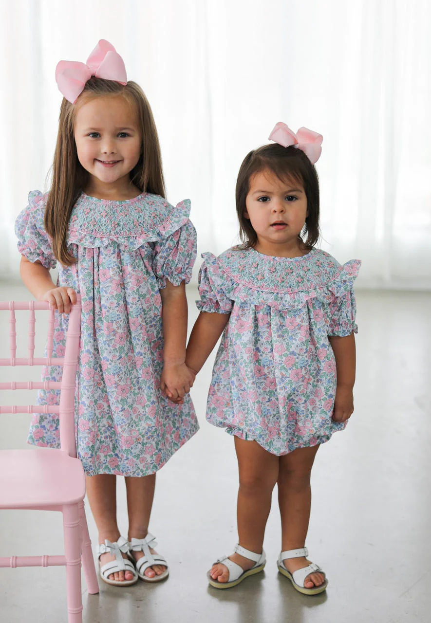 Pink And Blue Floral Smocked Bubble - Image 2