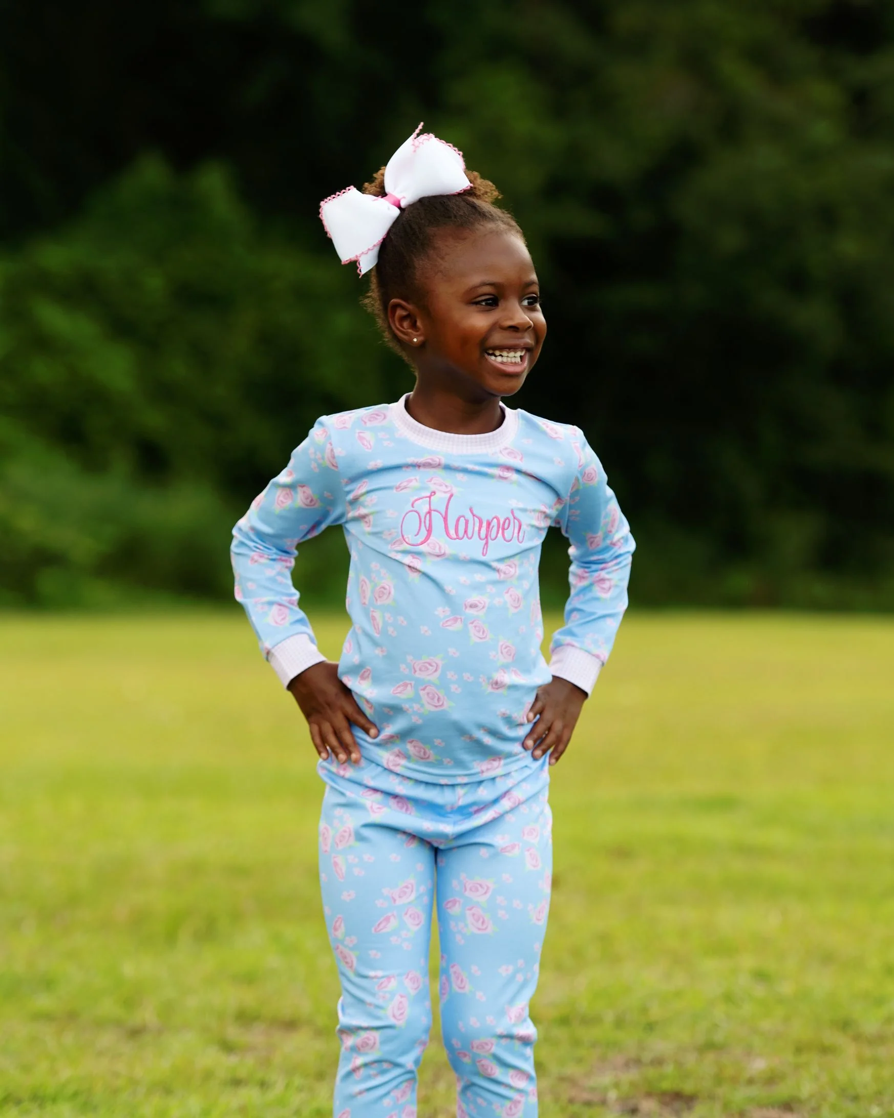 Pink and Blue Rose Print Knit Pajamas - Image 3