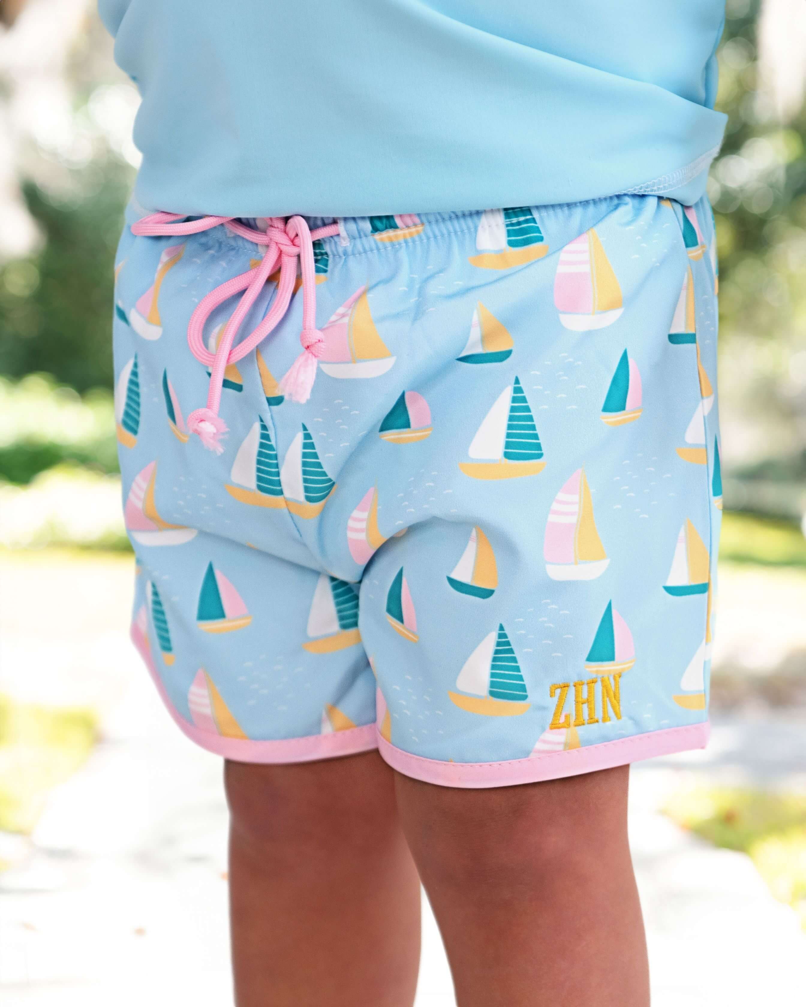 Pink And Blue Sailboat Swim Trunks - Image 2