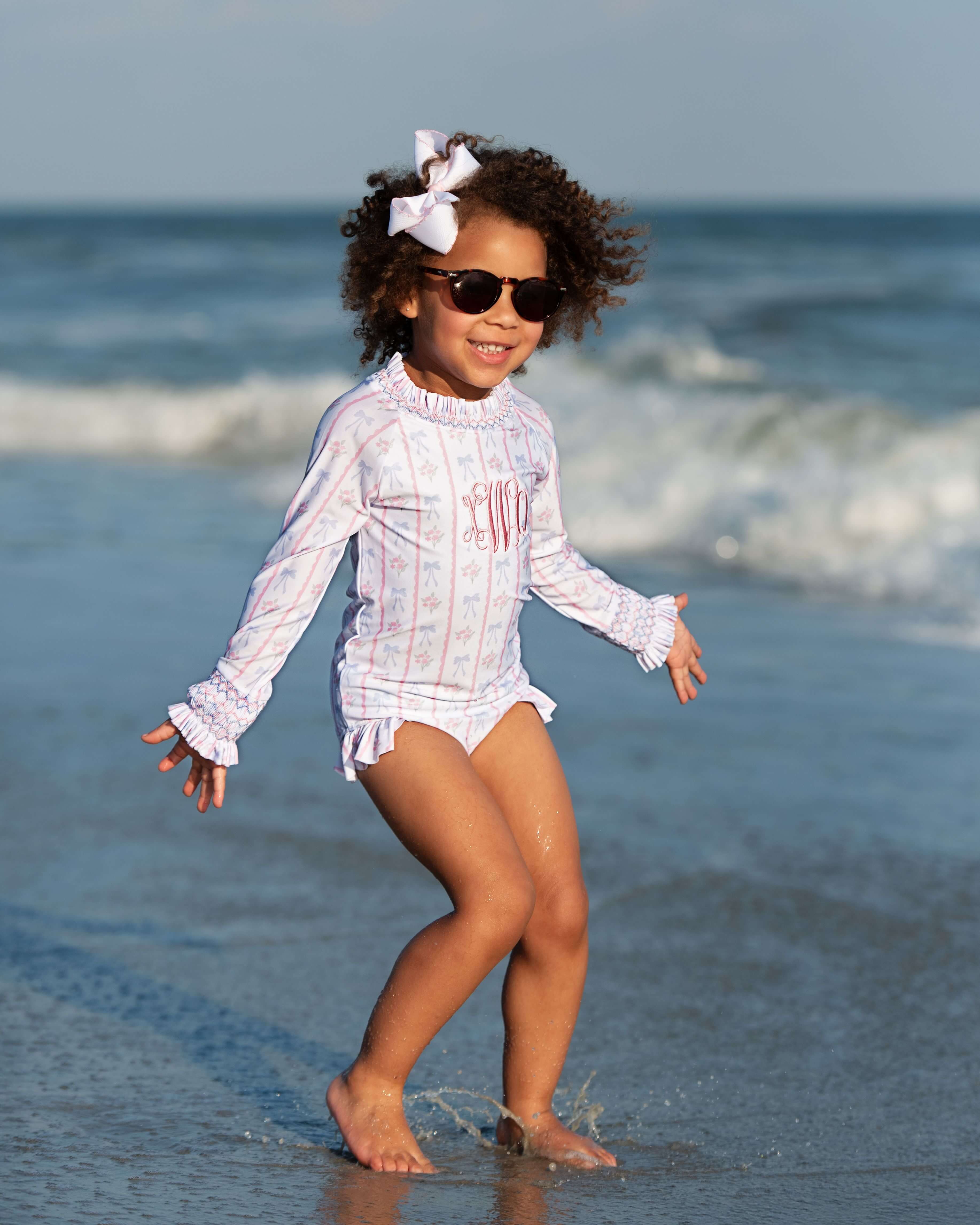 Pink And Blue Smocked Floral Long Sleeve Swimsuit - Image 2