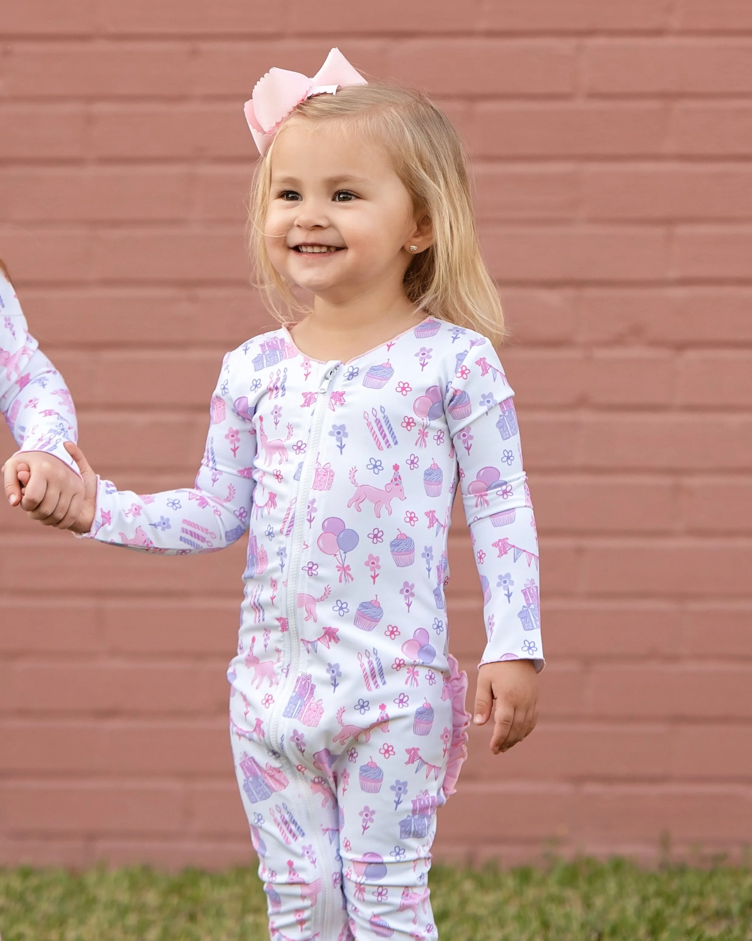 Pink and Purple Birthday Print Knit Zipper Pajamas - Image 2