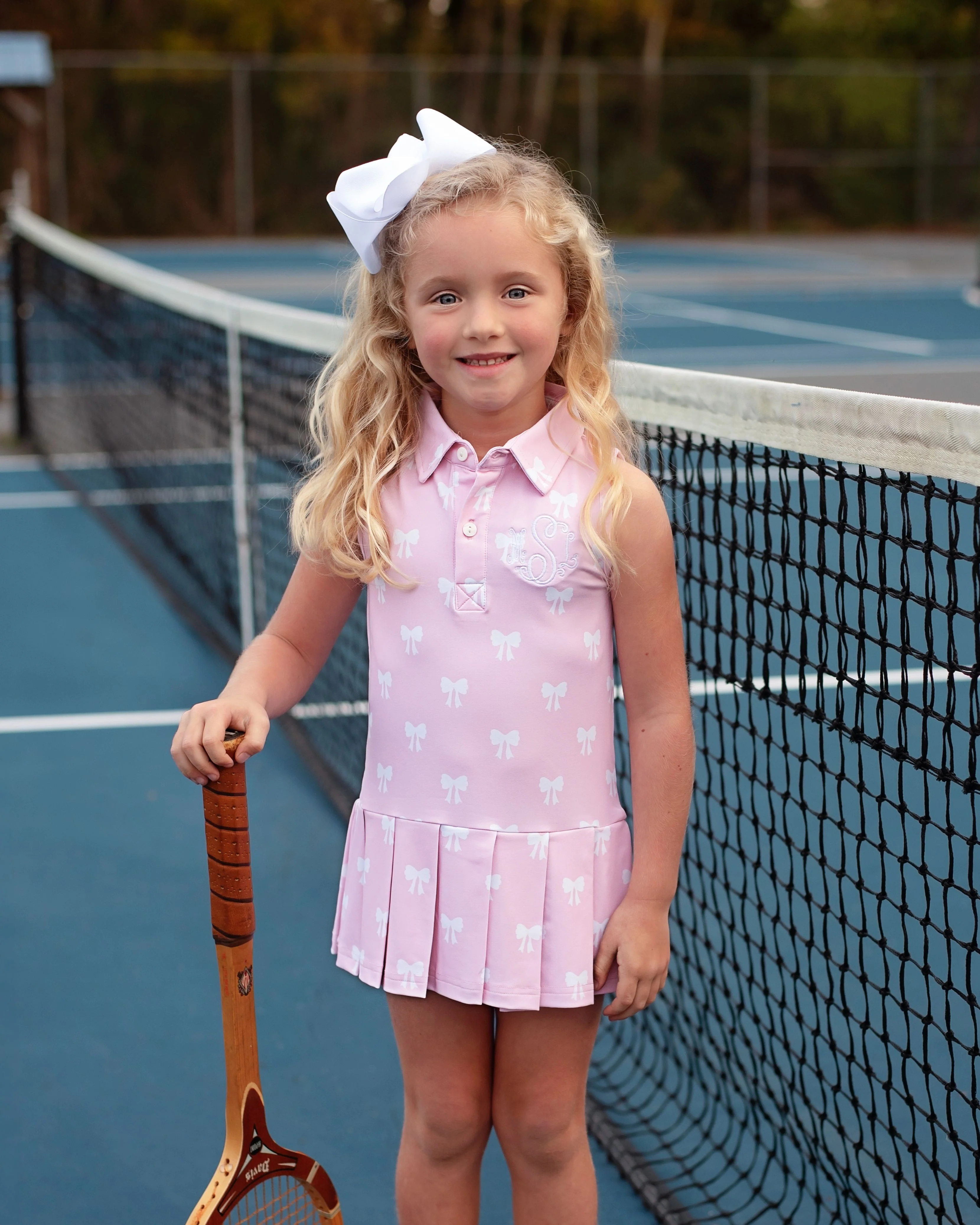 Pink And White Bow Print Lycra Tennis Dress - Image 2