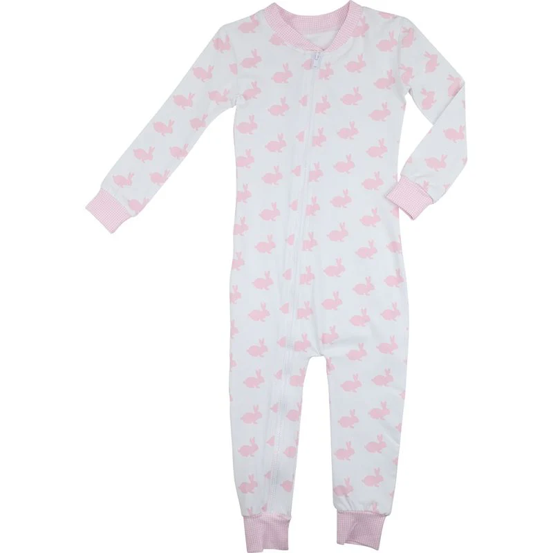 Pink And White Bunny Print Knit Zipper Pajamas - Image 2