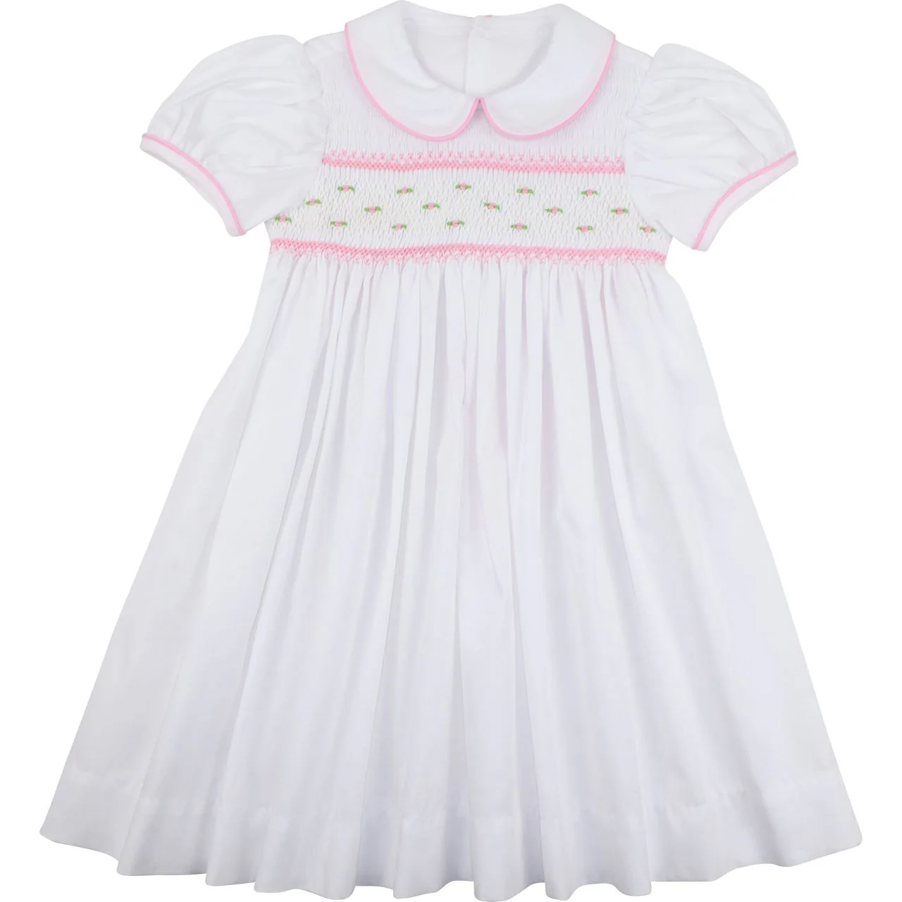 Pink And White Pique Smocked Rosebud Dress