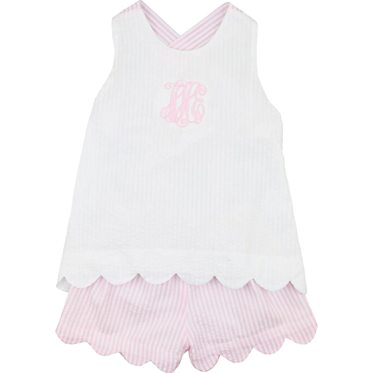 Pink And White Seersucker Scalloped Short Set