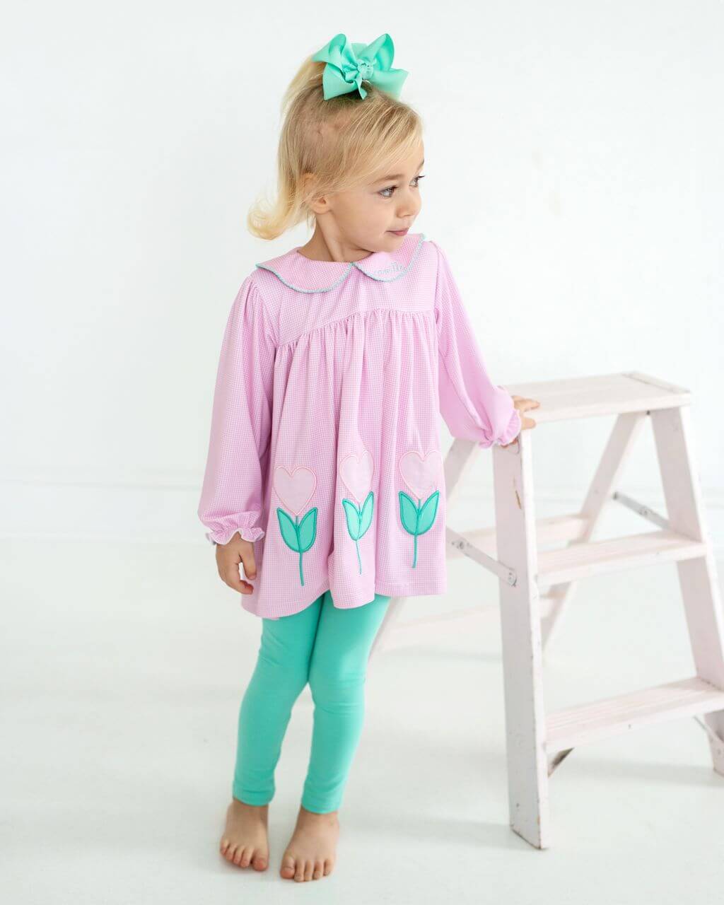 Pink Applique Flower Heart Legging Set - Image 2
