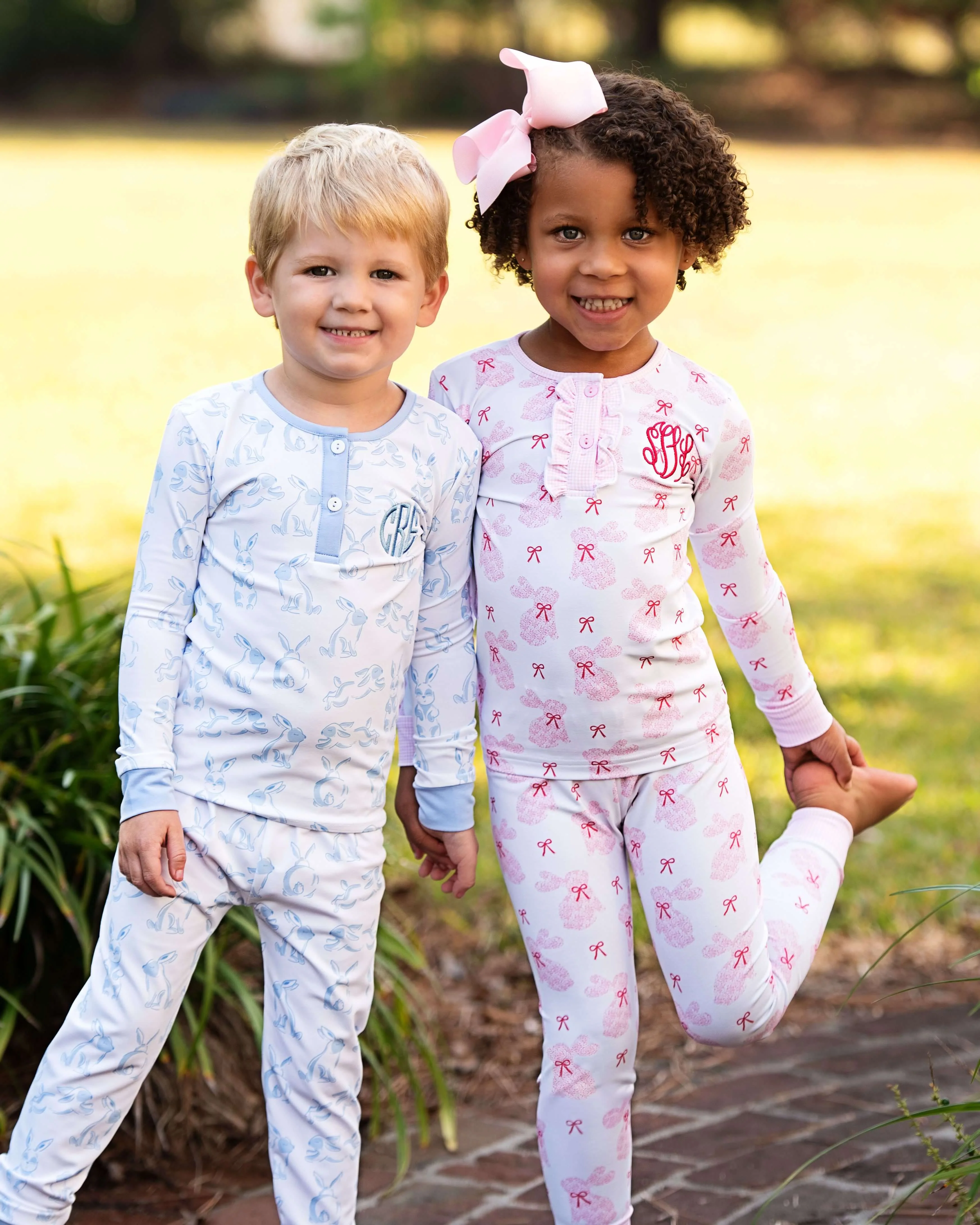 Pink Bunny Print Knit Pajamas - Image 3