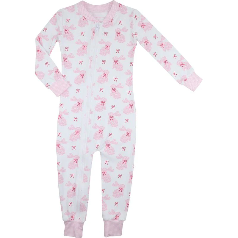 Pink Bunny Print Knit Zipper Pajamas - Image 2