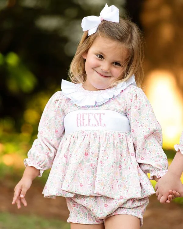 Pink Floral Corduroy Custom Smocked Diaper Set - Image 3
